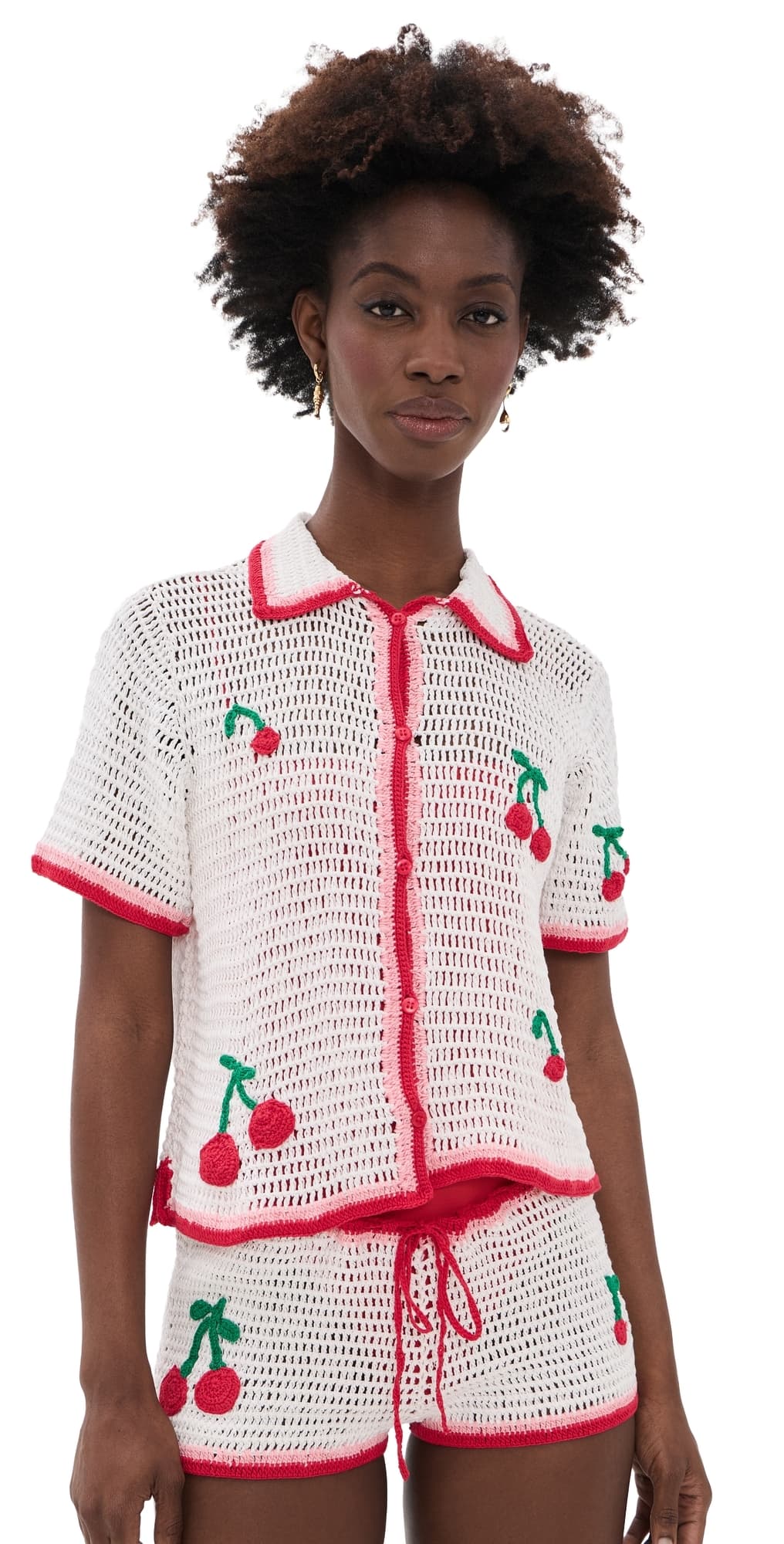 Leslie Amon Ruby Crochet Coverup Shirt White and Red