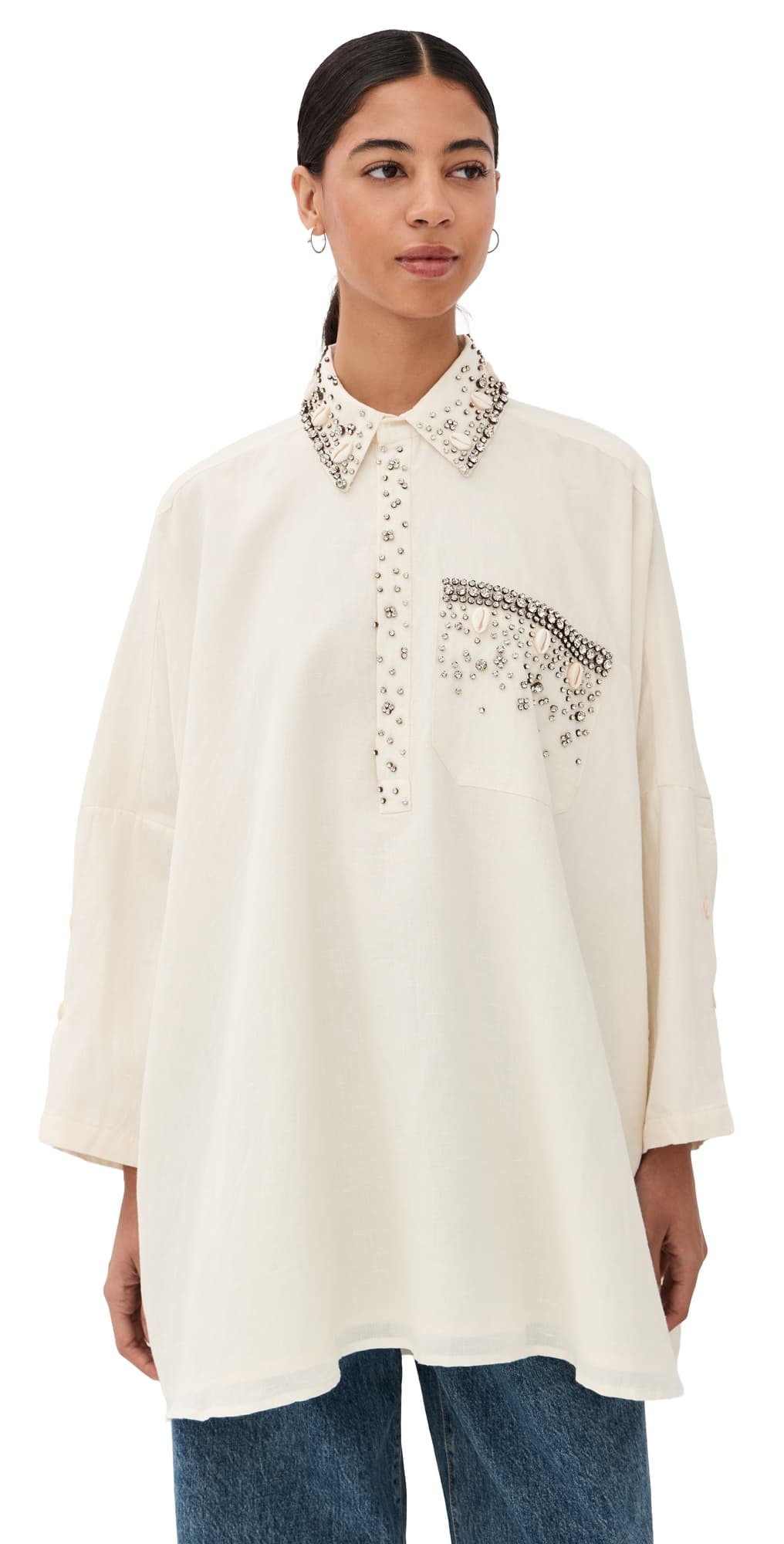 La Vie Style House Cowrie Shell Jeweled Boyfriend Shirt White