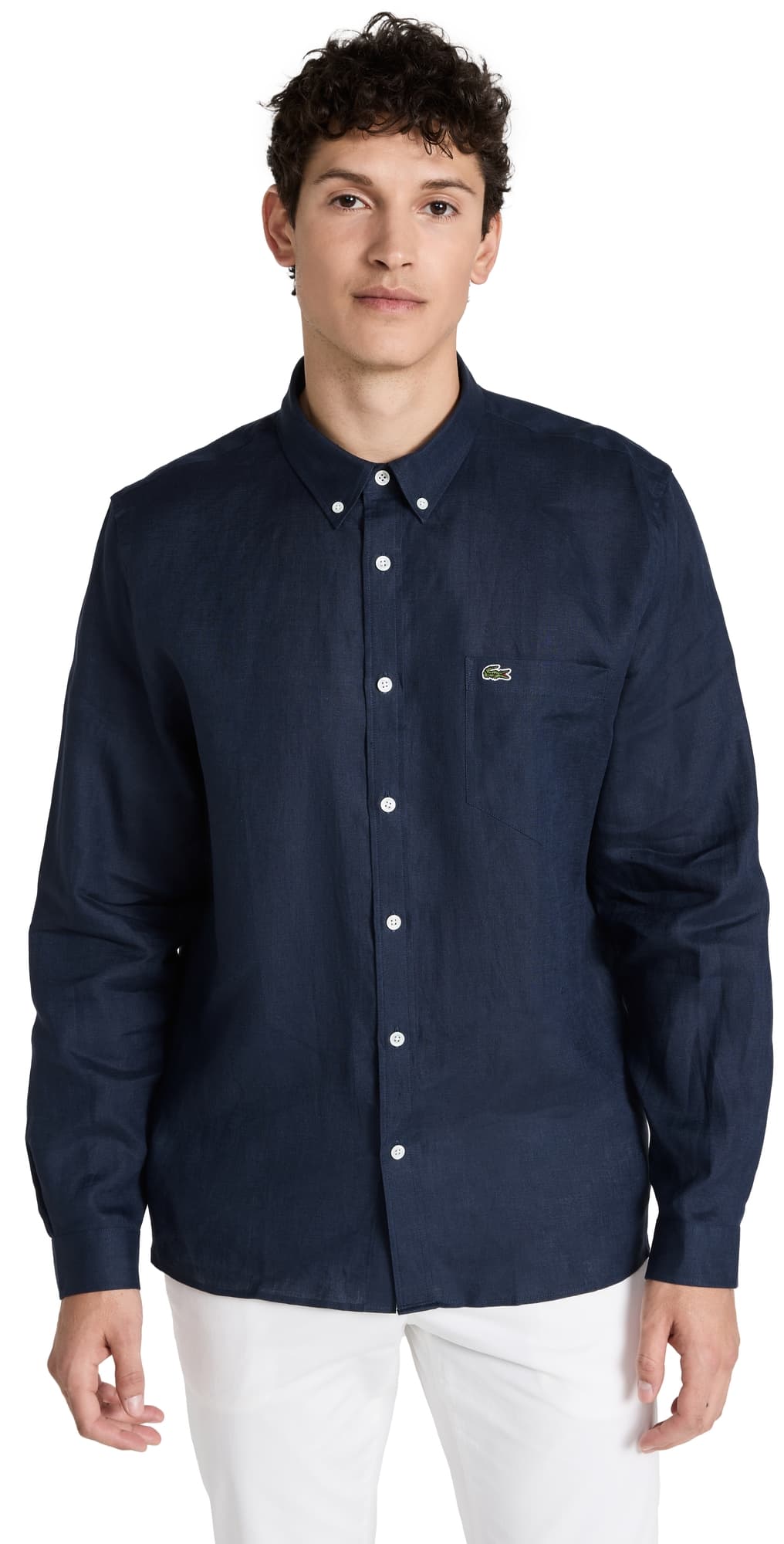 Lacoste Regular Fit Linen Casual Button Down Shirt Navy Blue