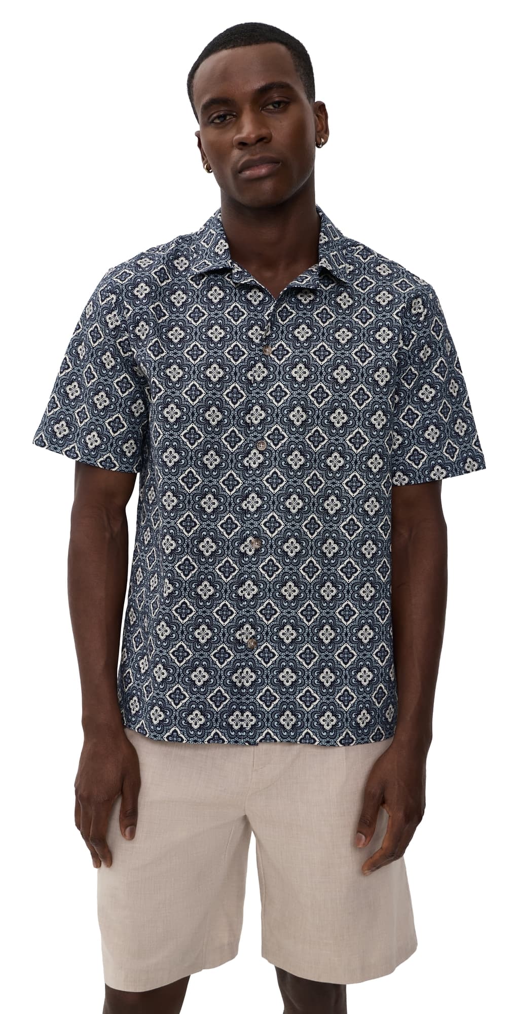 Les Deux Lukas Arabesque Short Sleeve Shirt Blue Fog