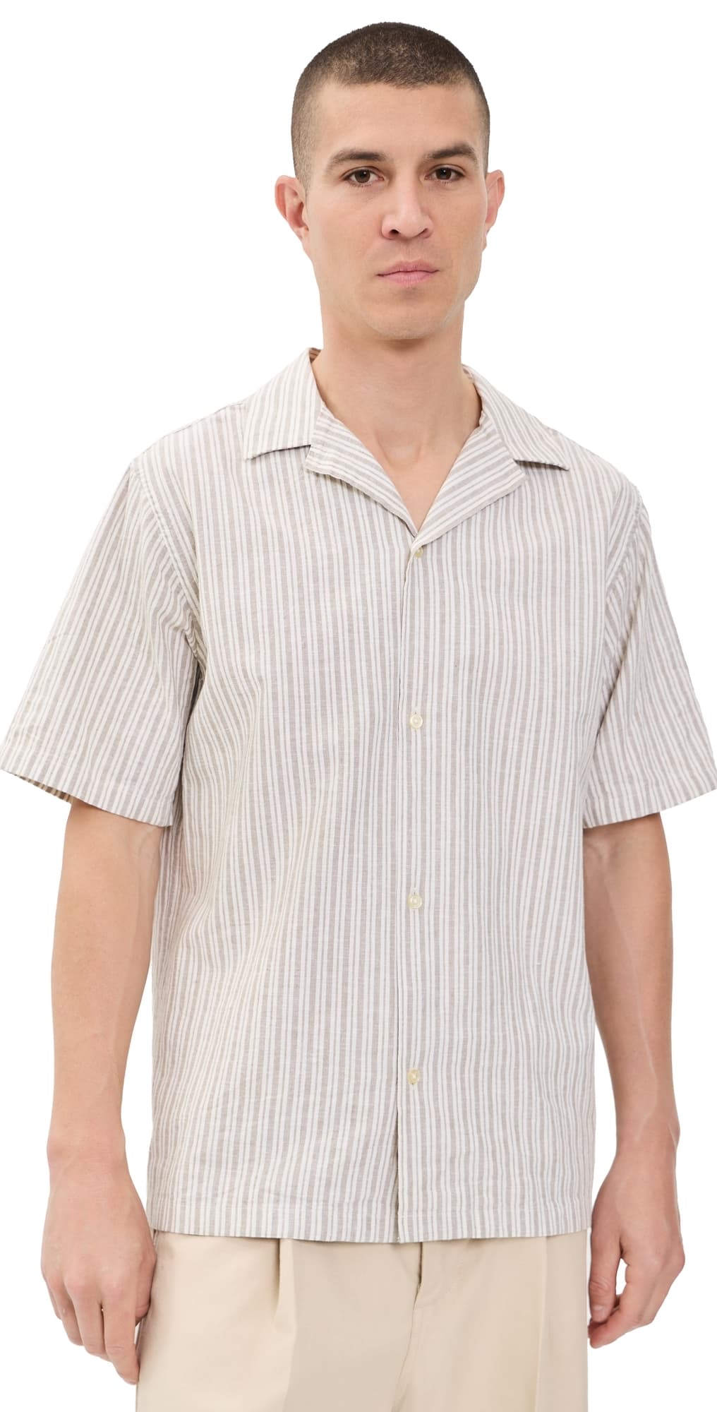 Les Deux Stripe Cotton Linen Shirt Dark Sand
