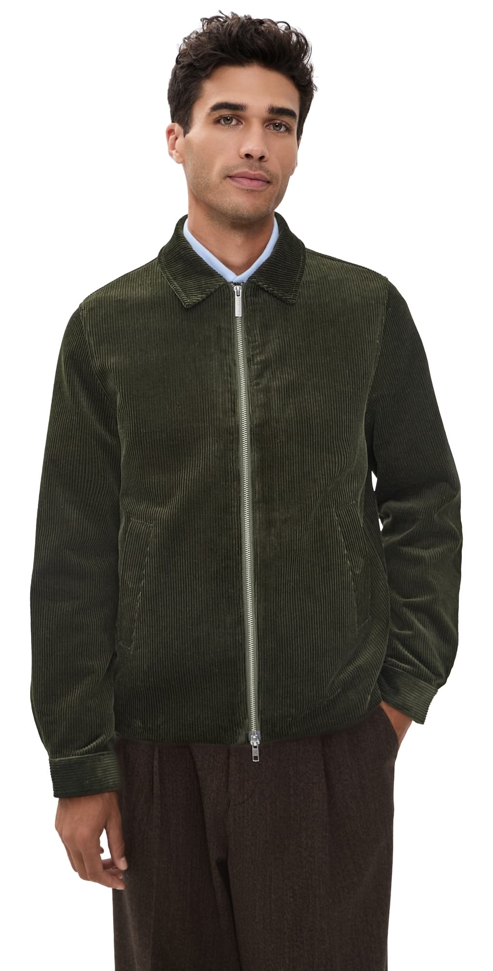 Les Deux Corduroy Zipper Coach Jacket Rosin Green