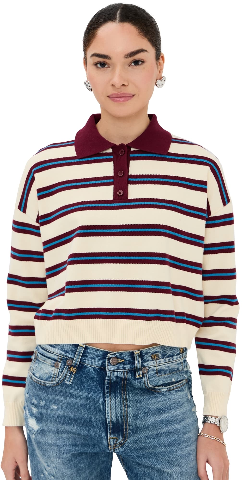 LE BOP Zadie Cropped Polo Burgundy Stripe