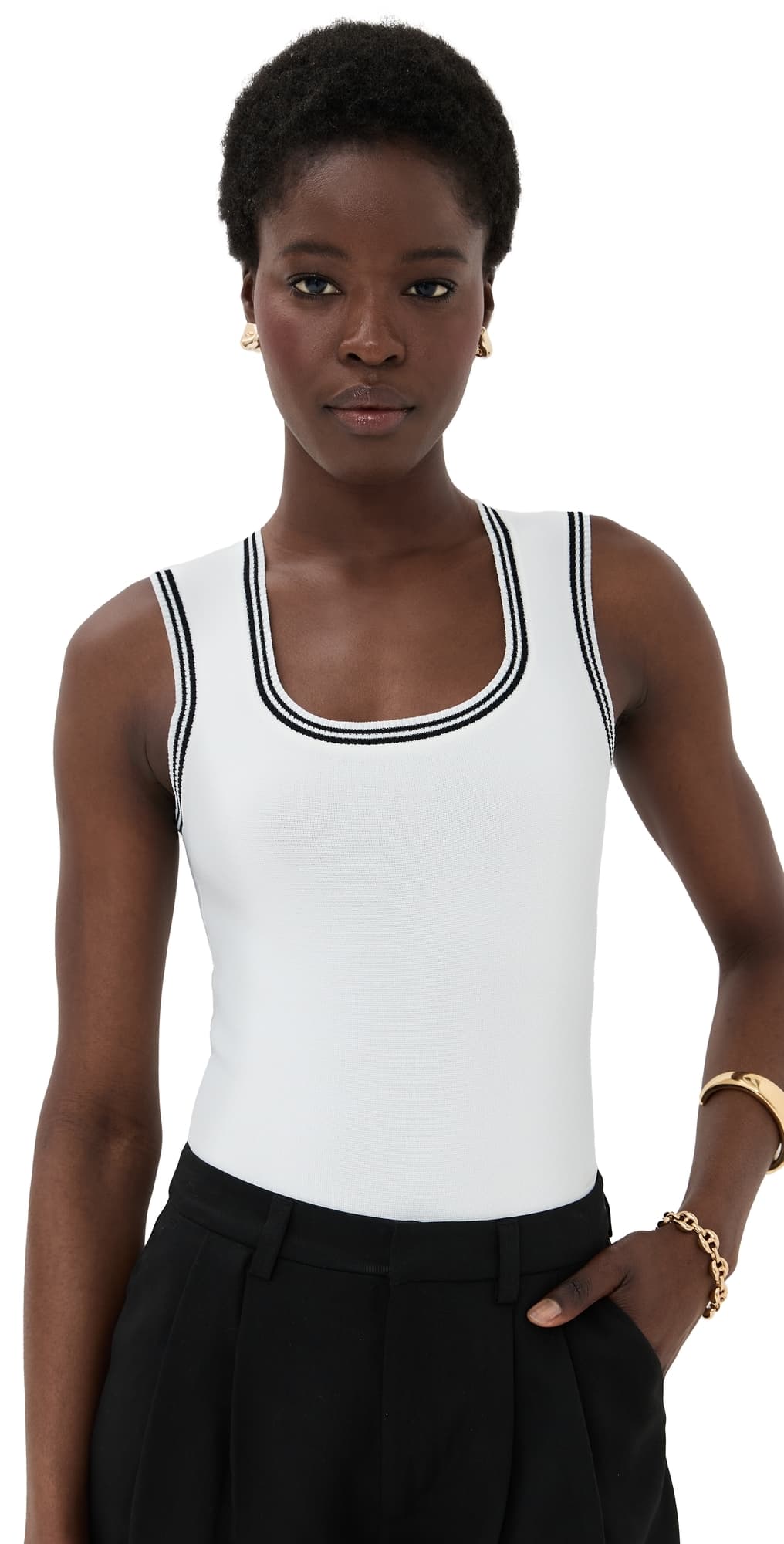LE BOP Ringer Square Neck Tank Bodysuit White & Black