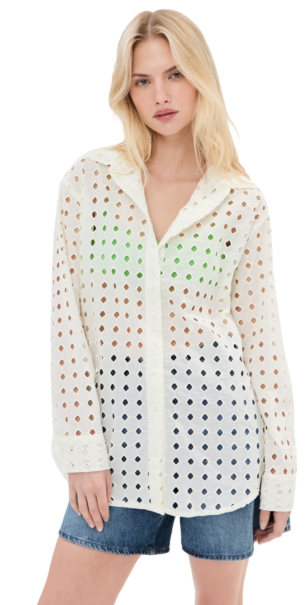 LE BOP Cecilia Long Sleeve Button Down Shirt Ivory Eyelet