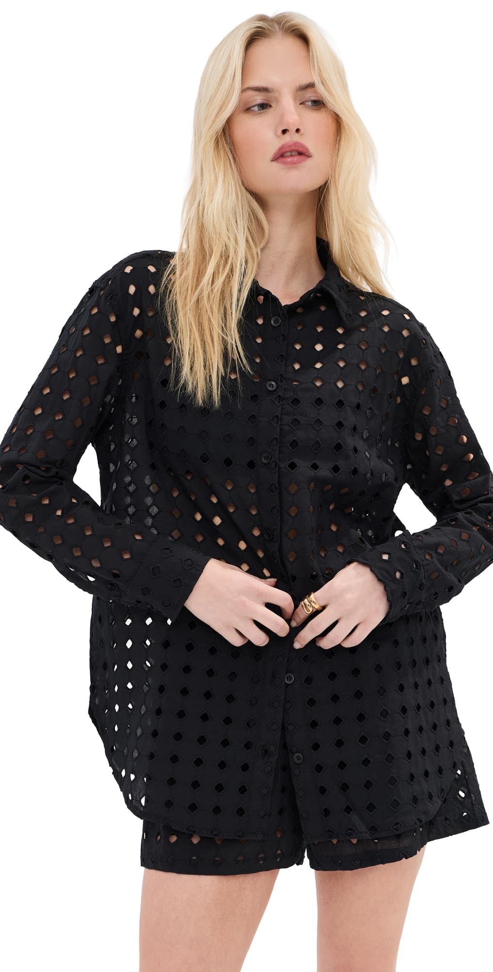 LE BOP Cecilia Long Sleeve Button Down Shirt Black Eyelet