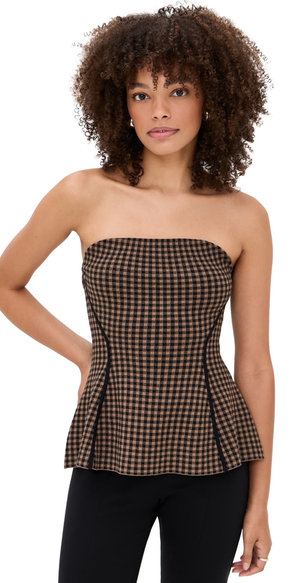 LE BOP Gingham Strapless Peplum Top Chocolate/Black