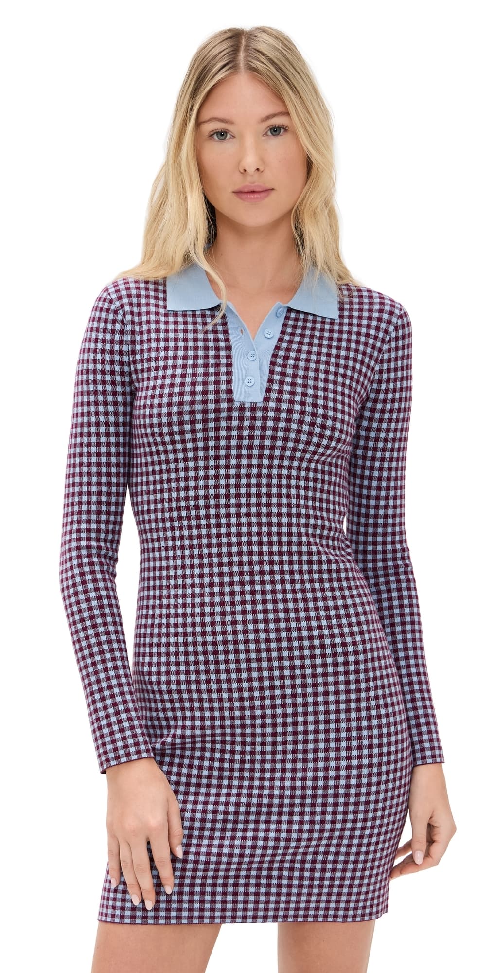 LE BOP Gingham Knit Polo Mini Dress Burgundy/Light Blue