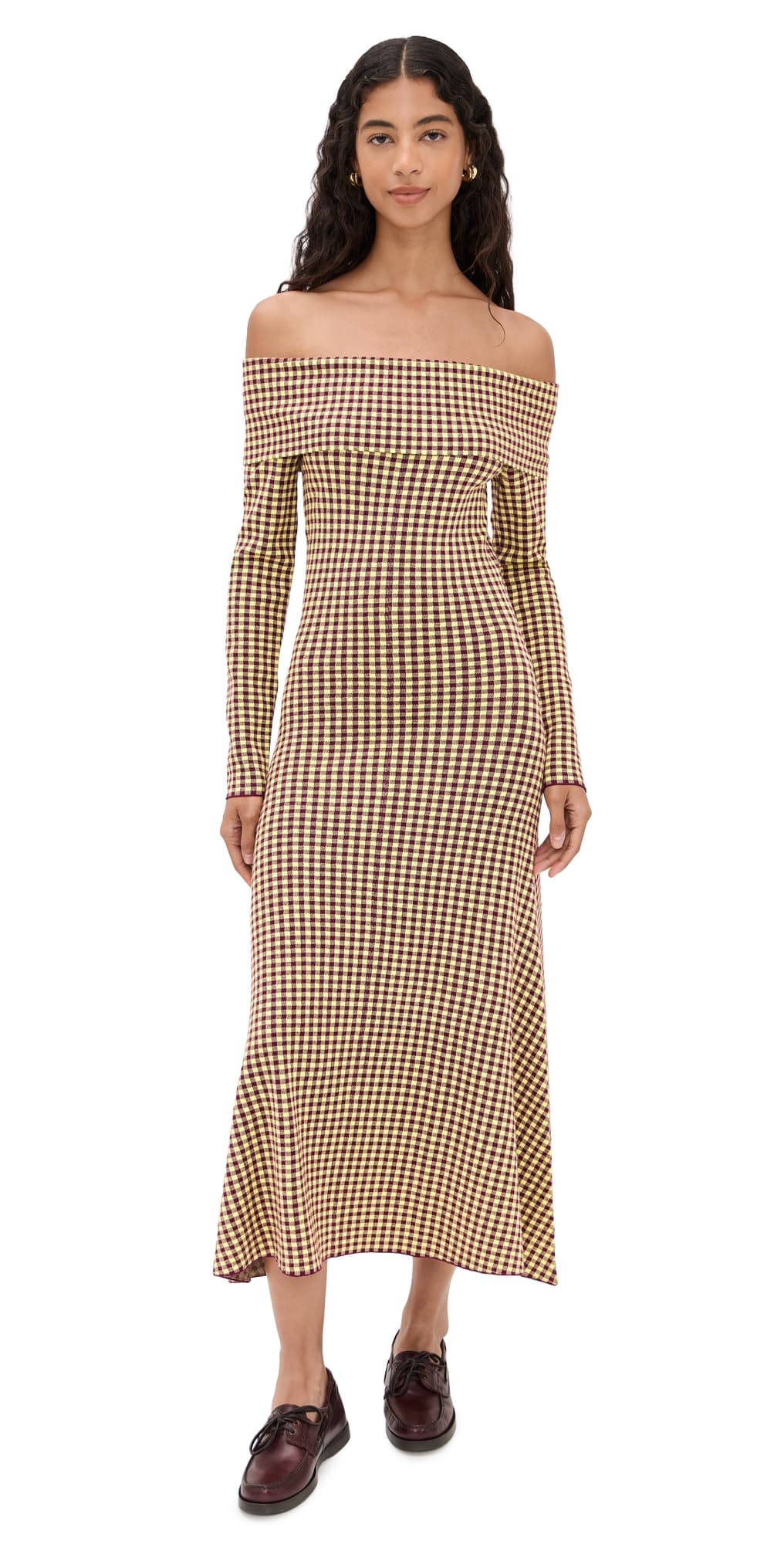 LE BOP Gingham Knit Off Shoulder Dress Burgundy/Citrine