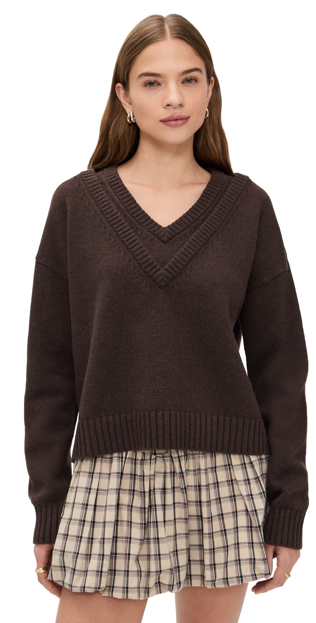 LE BOP Double V Neck Oversized Pullover Sweater Chocolate