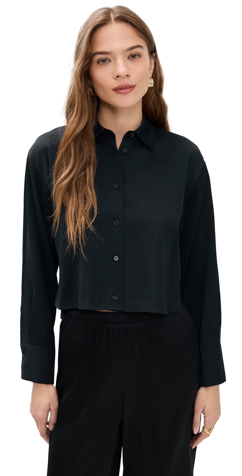 LE BOP Felicity Boxy Cropped Satin Button Down Black