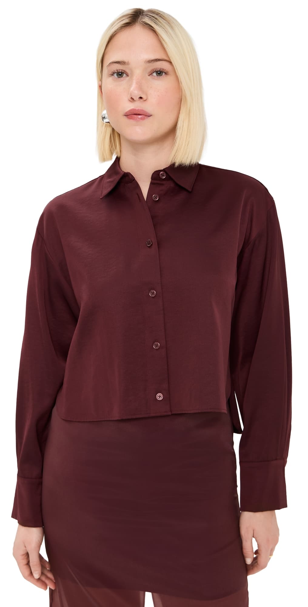 LE BOP Felicity Boxy Cropped Satin Button Down Mahogany