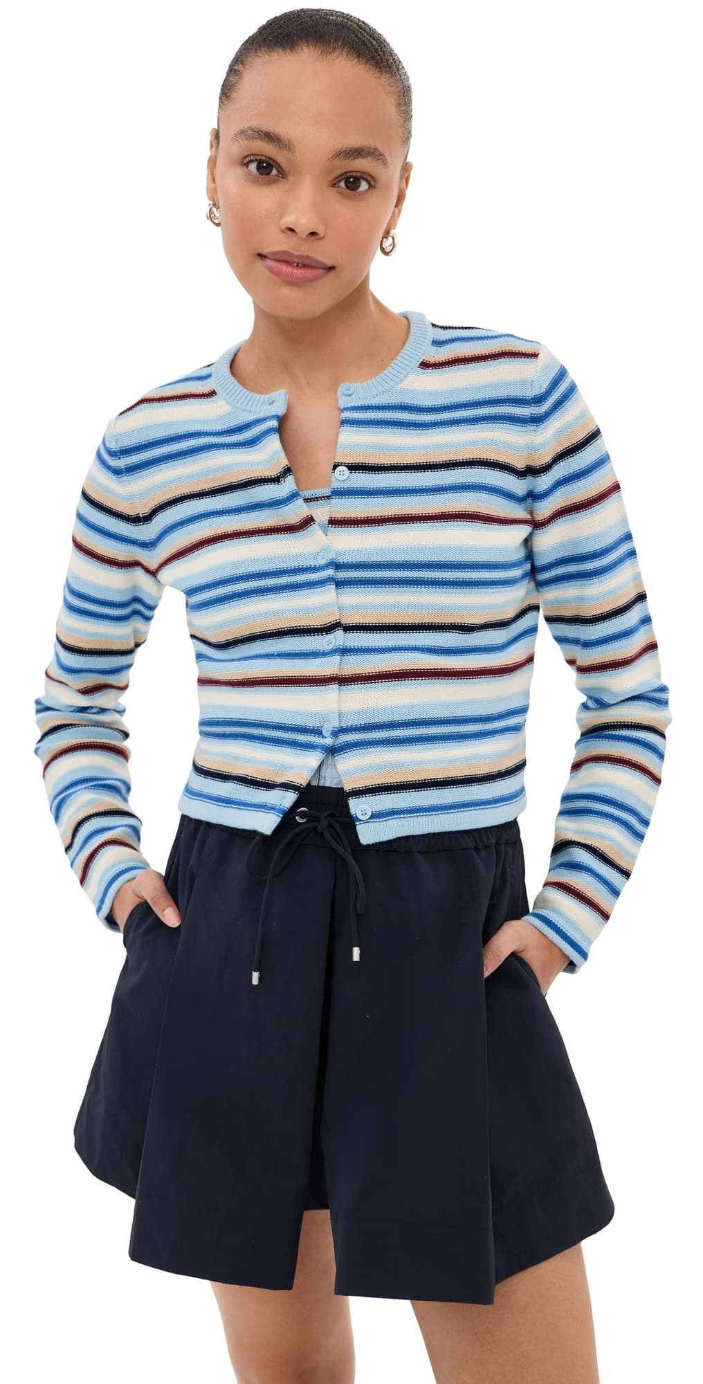 LE BOP Mara Cropped Cardigan Sky Multi Stripe