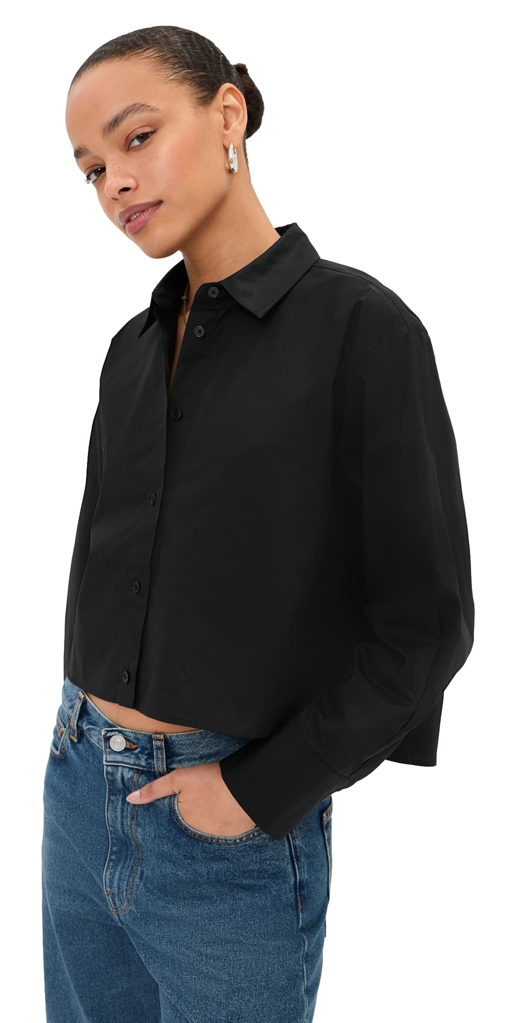 LE BOP Felicity Boxy Cropped Poplin Button Down Shirt Black