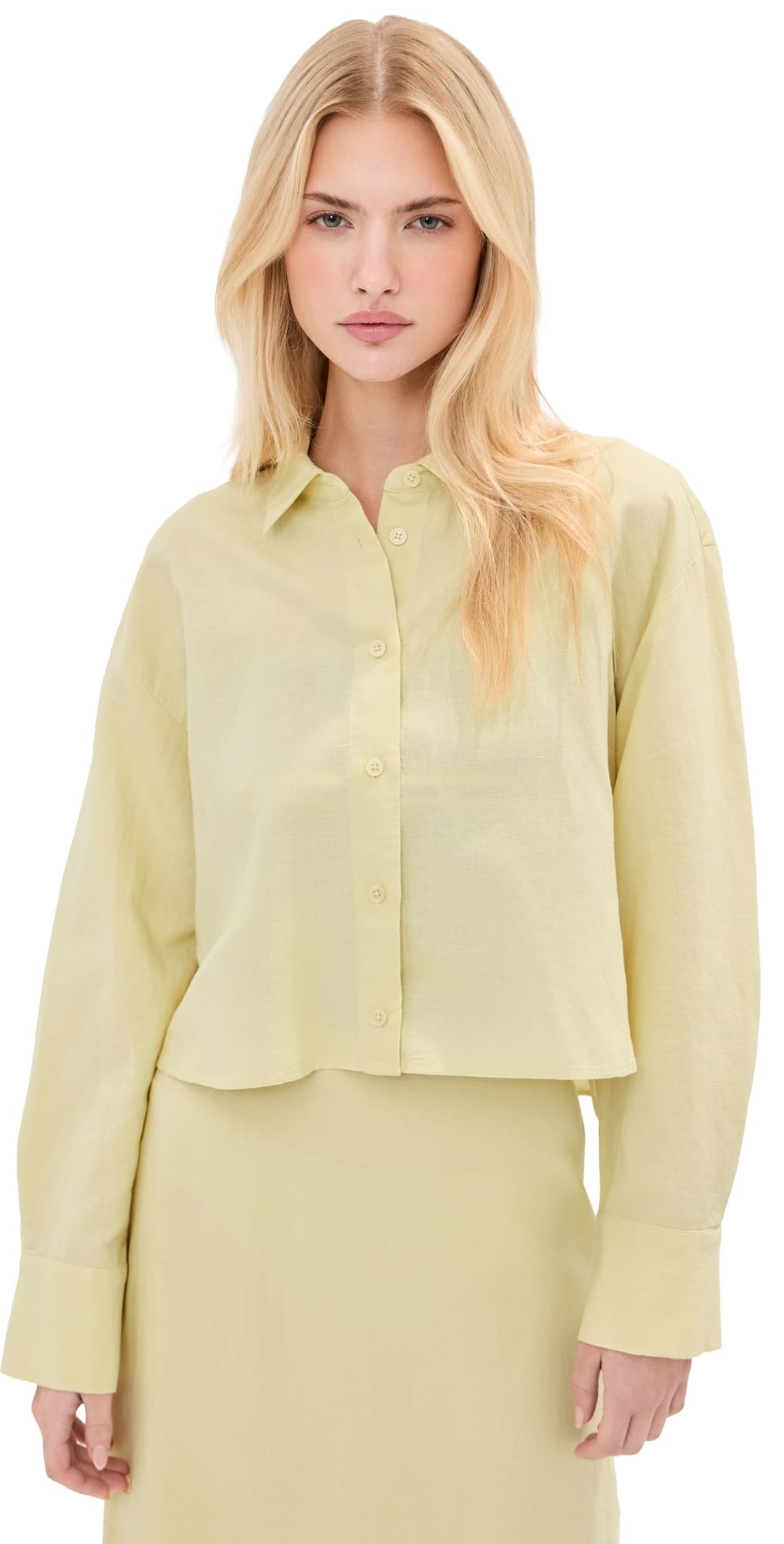 LE BOP Felicity Boxy Cropped Linen Button Down Honeydew