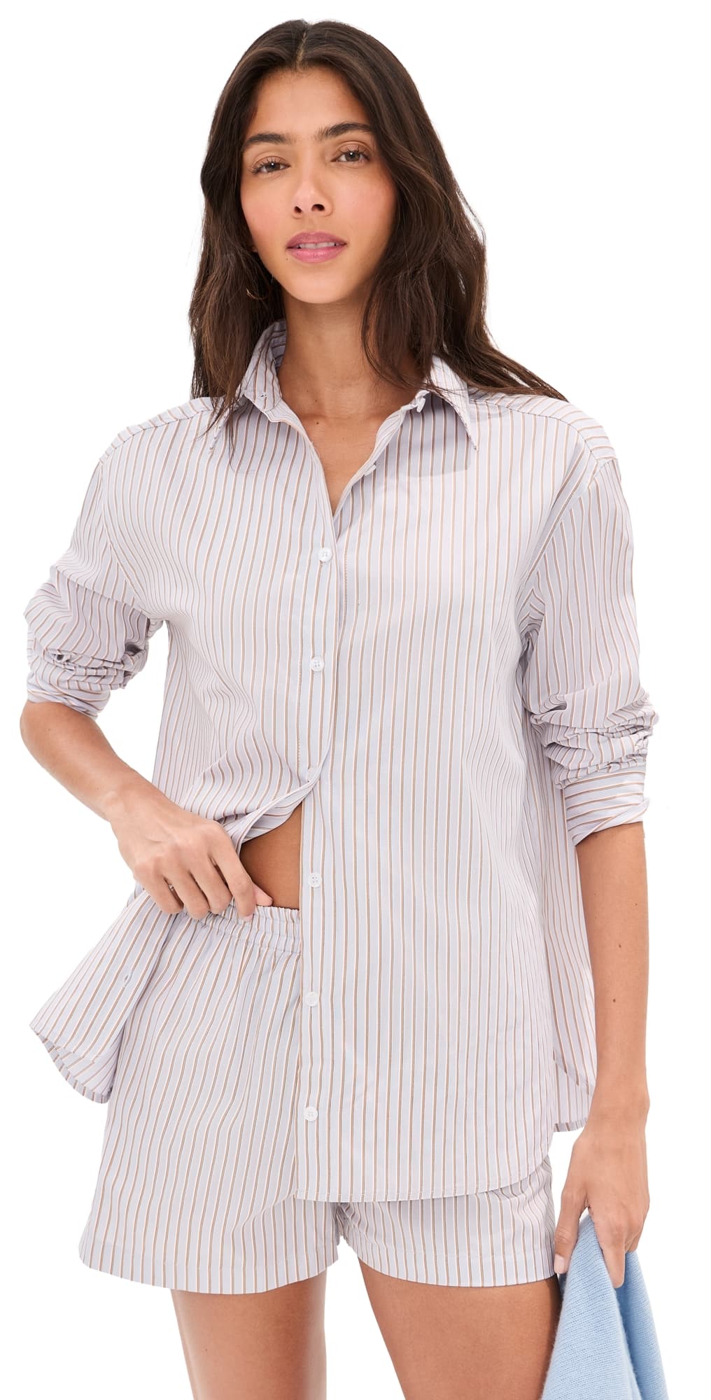 LE BOP Kali Tie Back Button Down Grey Stripe