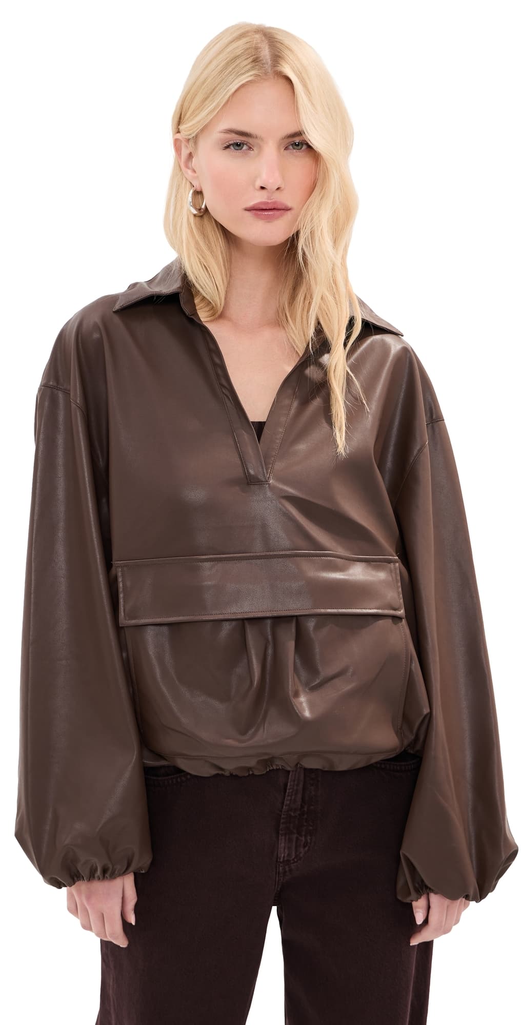 LE BOP Pippa Faux Leather Pullover with Front Pocket Coffee