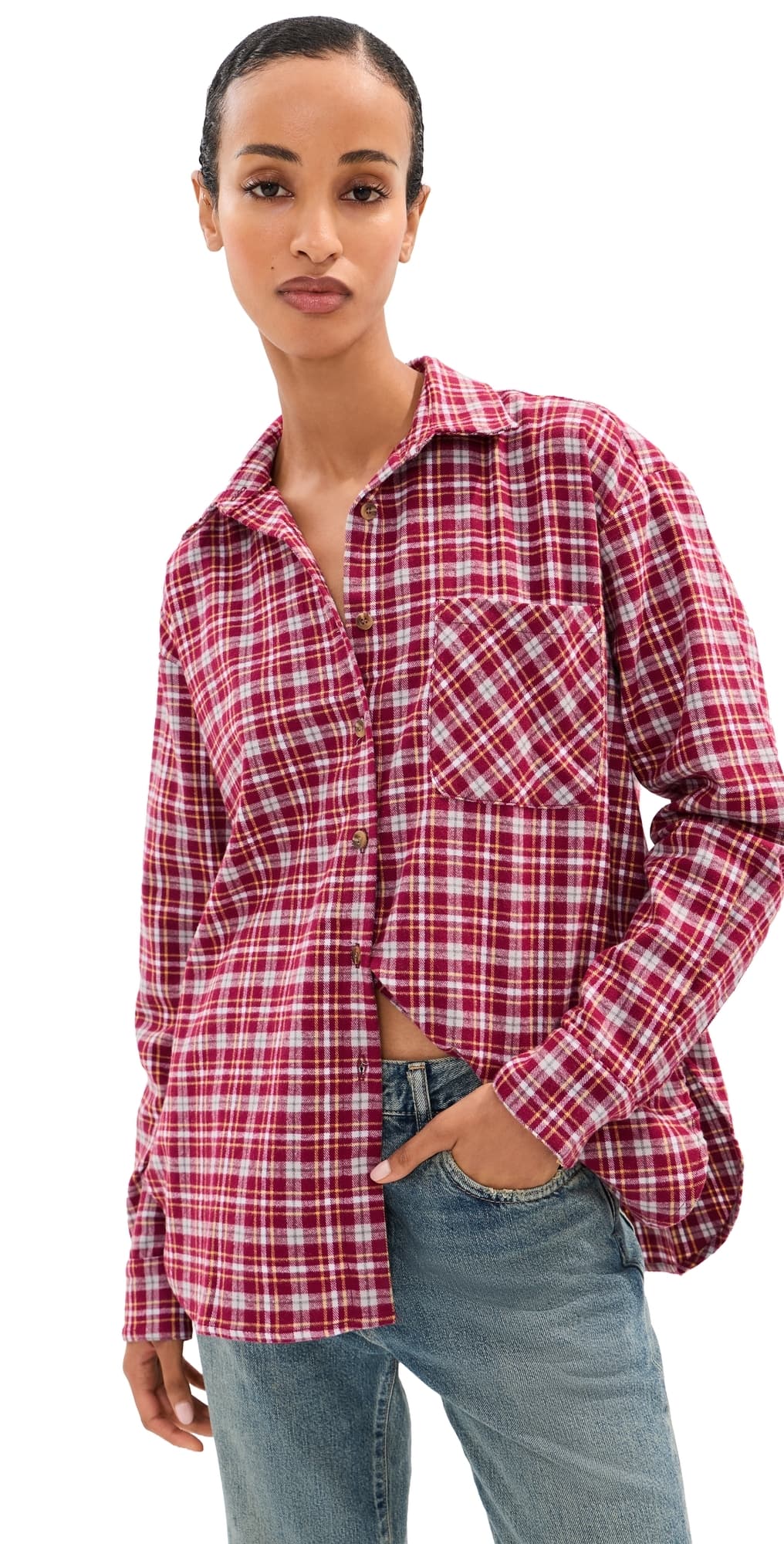 LE BOP Winnie Button Down Flannel Burgundy Plaid