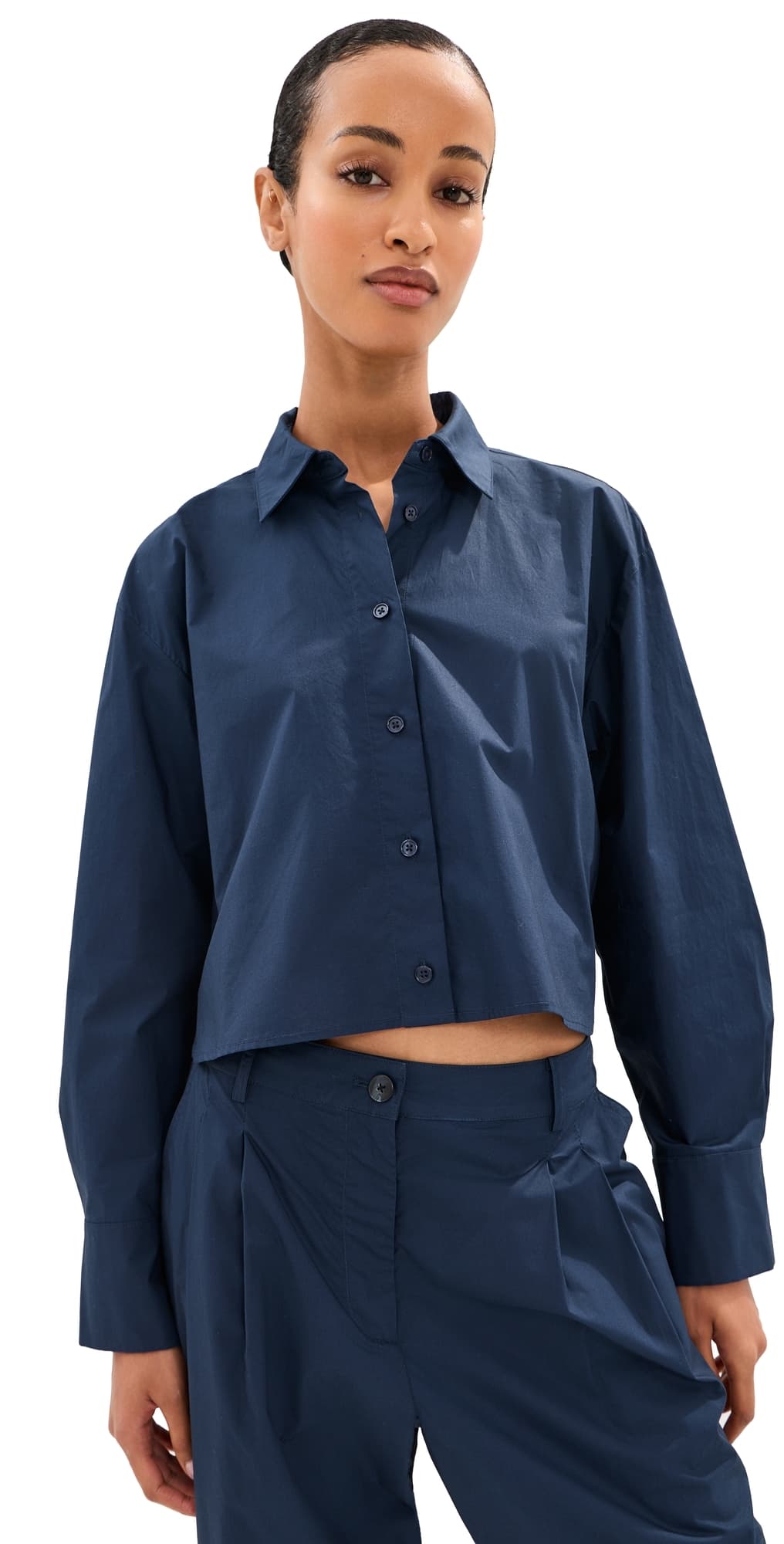 LE BOP Felicity Boxy Cropped Poplin Button Down Shirt Navy