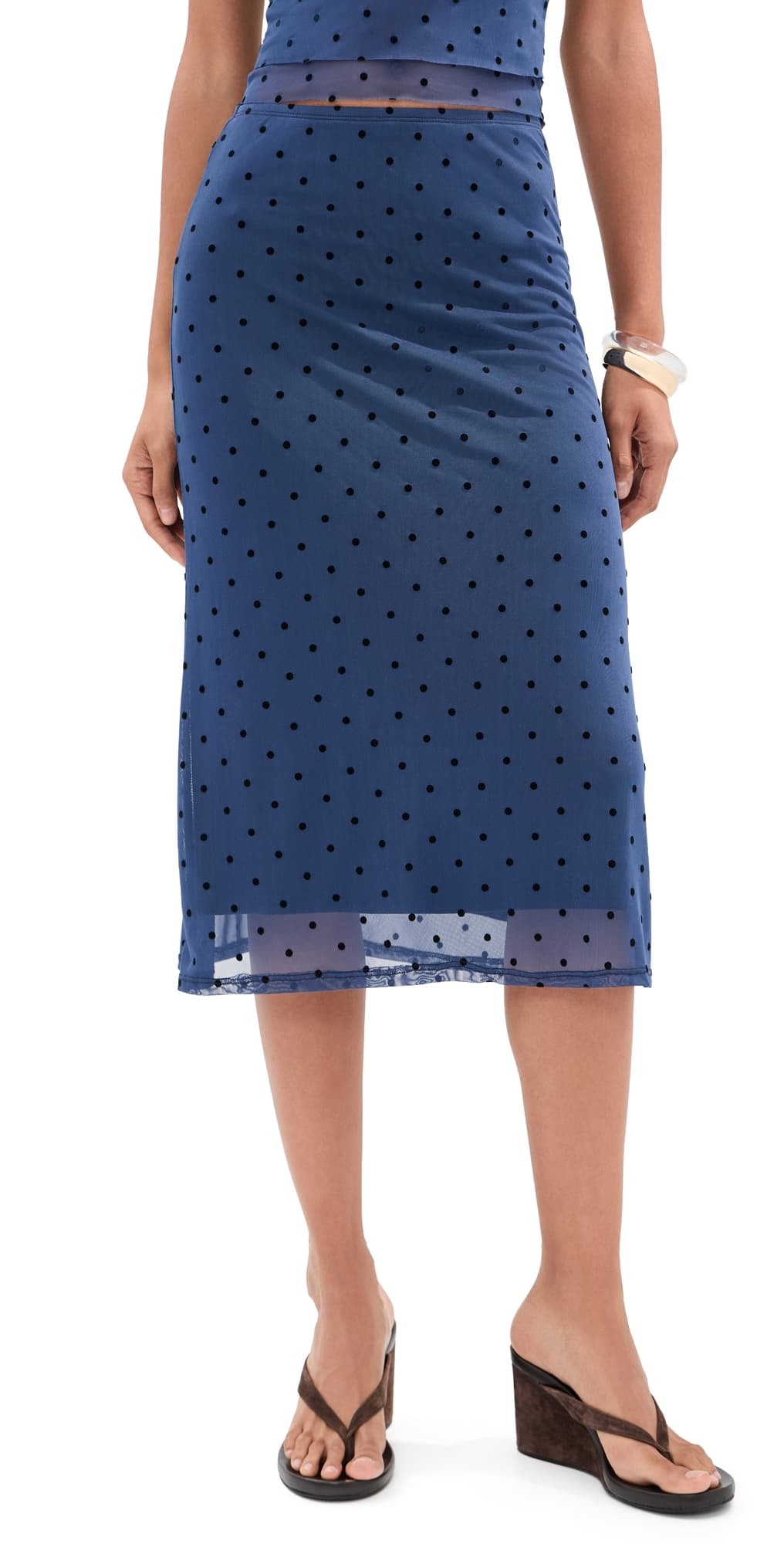 LE BOP Emma Midi Skirt Navy Flocked Polka Dot