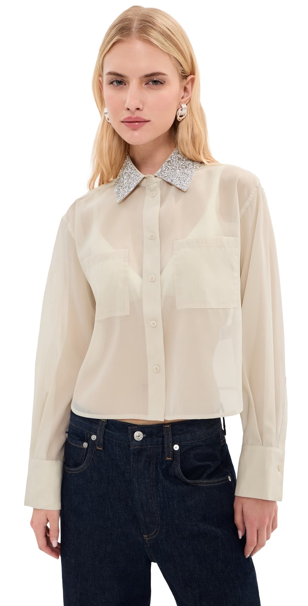 LE BOP Organza Cropped Buttondown with Embellished Collar Ivory