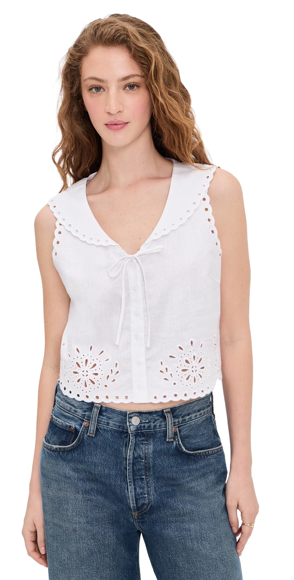 LE JEAN Embroidered Eyelet Sailor Top White
