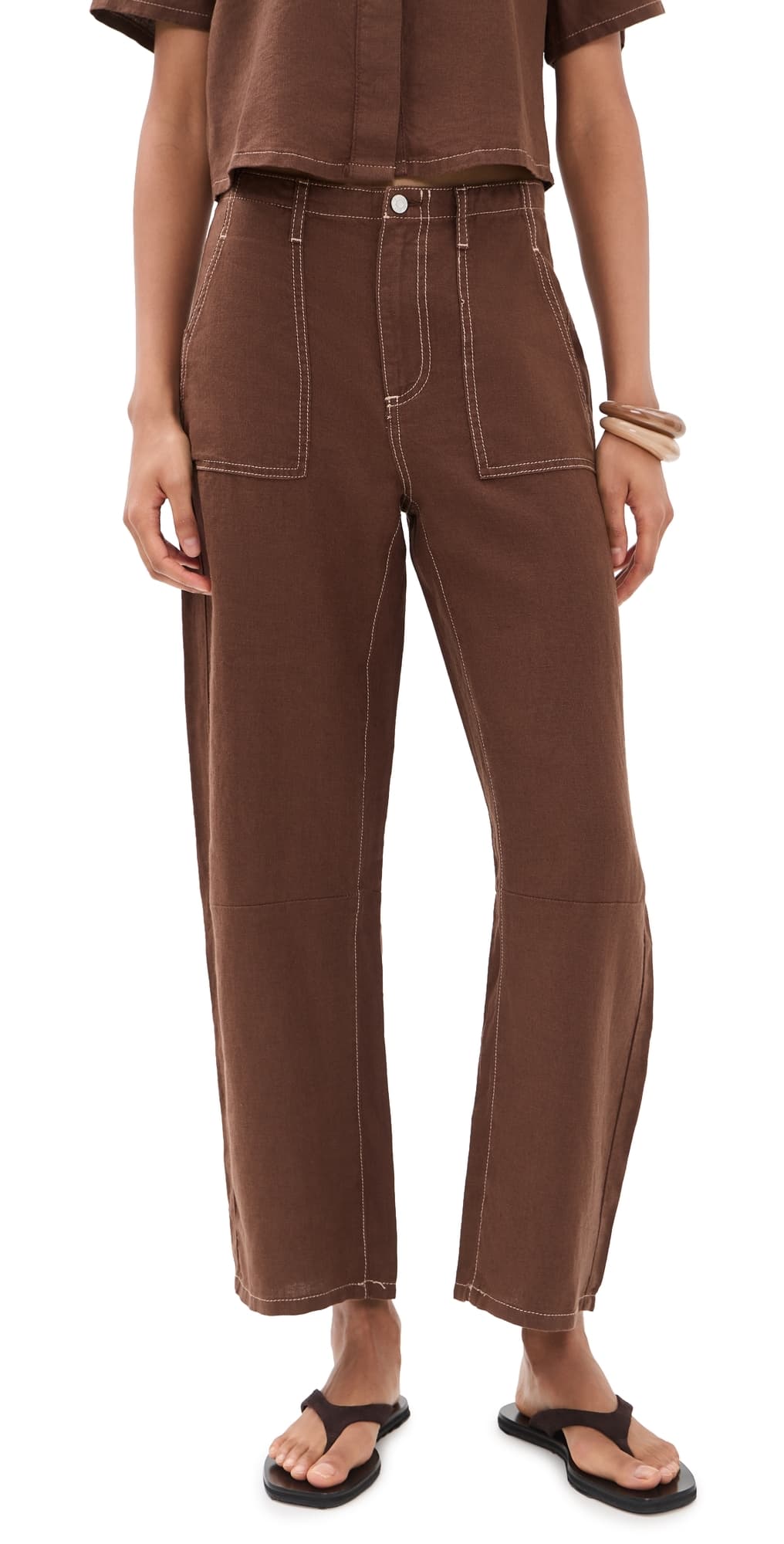 LE JEAN Mid Rise Linen Utility Barrel Pants Cocoa