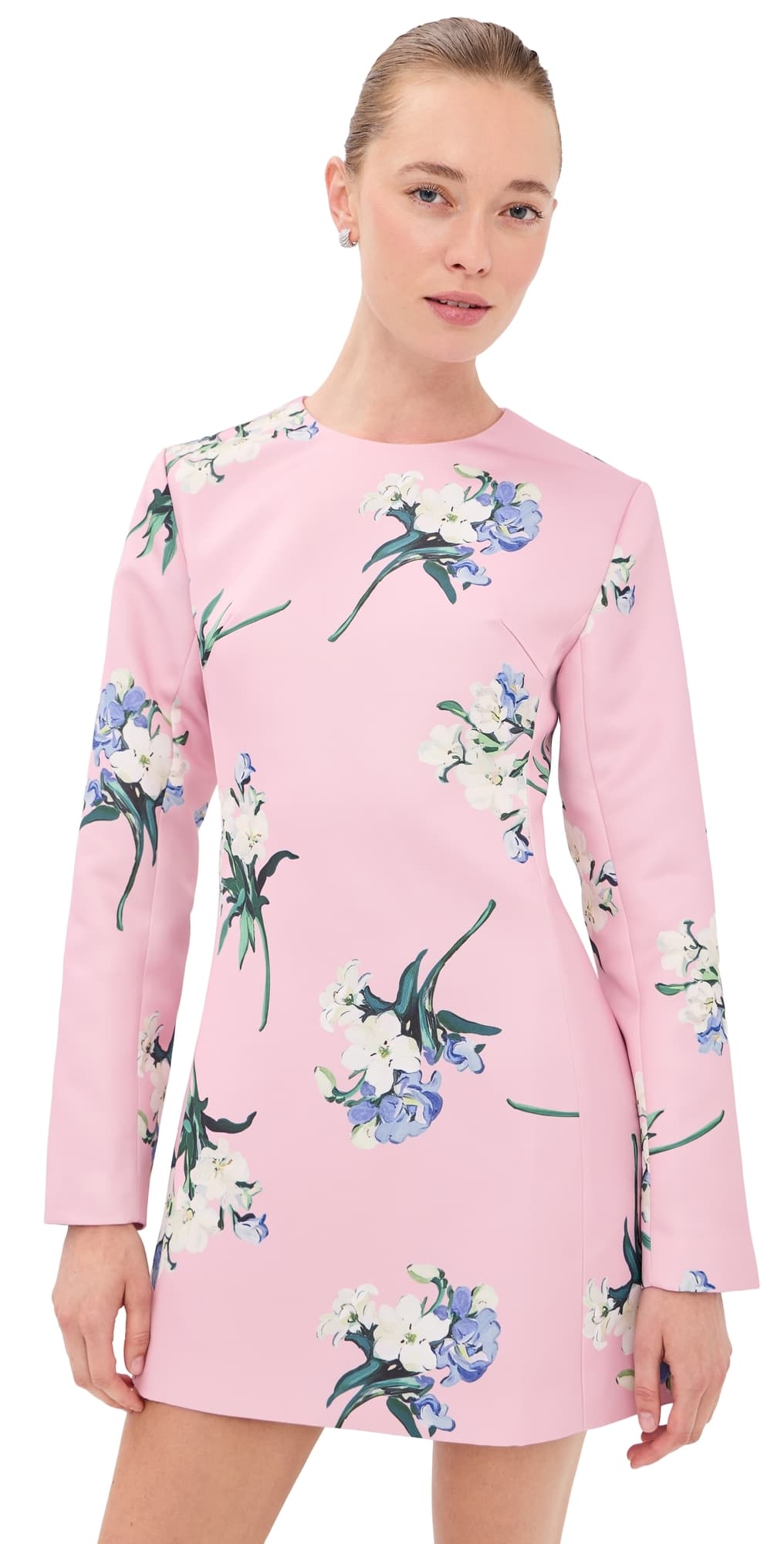 Leo Lin Aliza Long Sleeve Mini Dress Bouquet Print in Pastel Pink