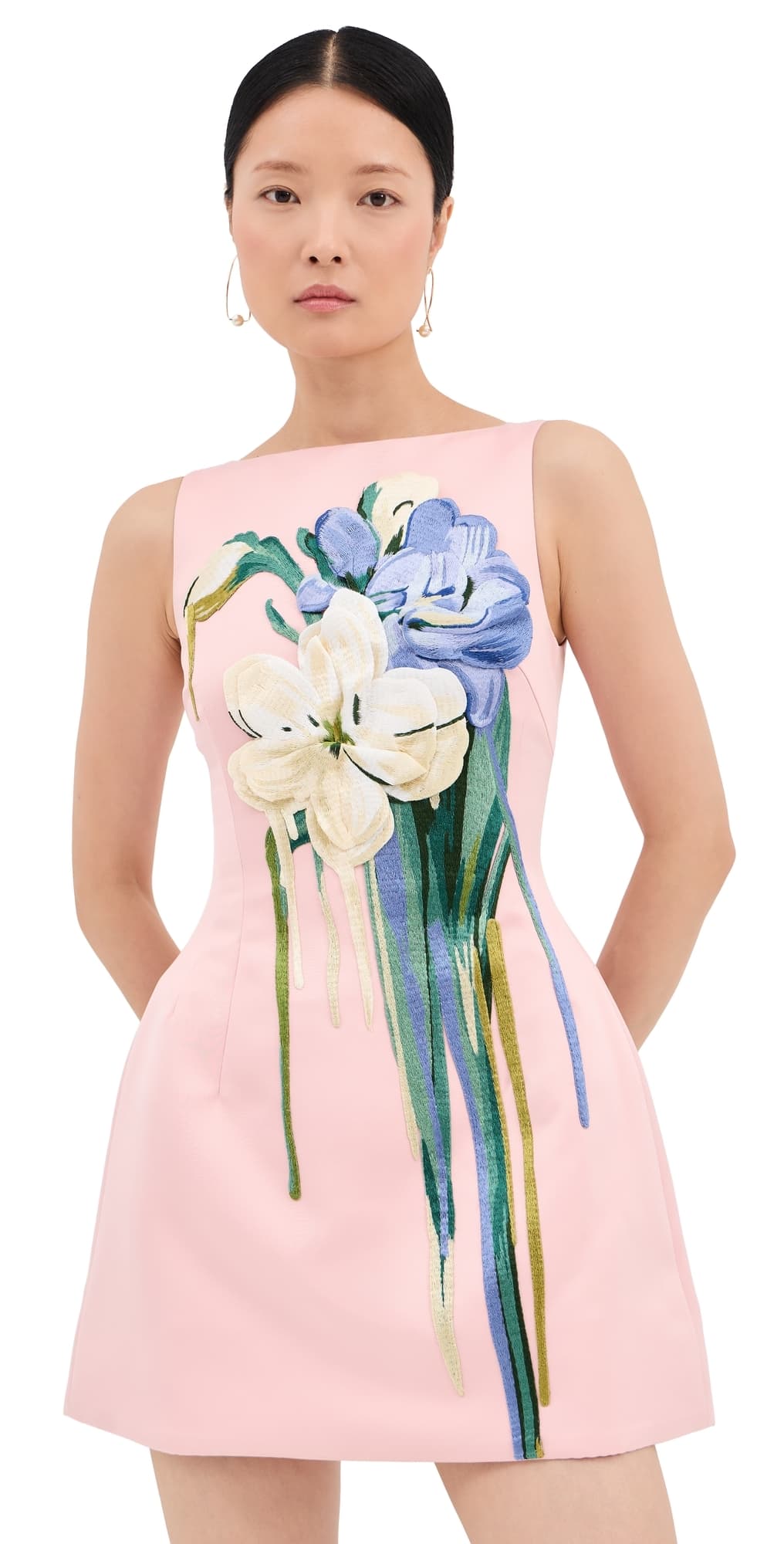 Leo Lin Ali Embroidered Mini Dress Bouquet Print in Pastel Pink