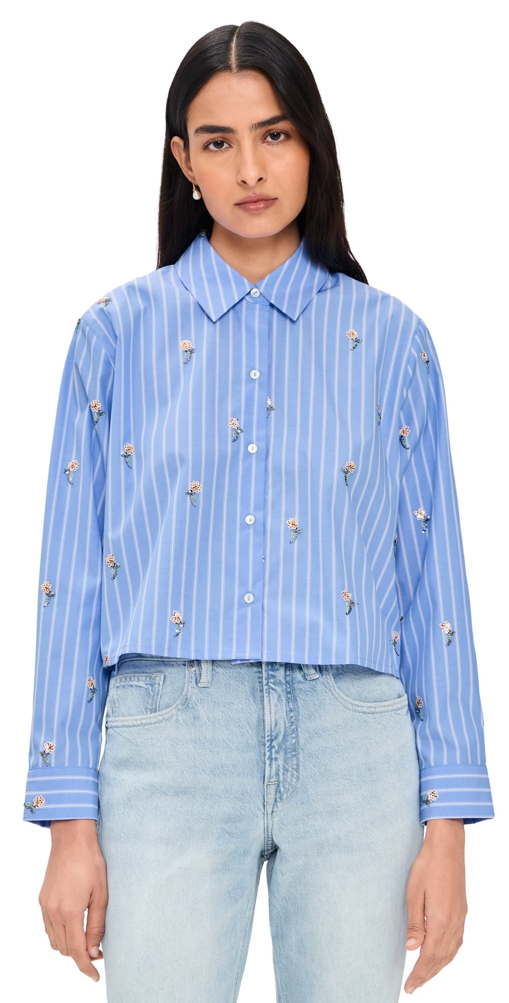 L'AGENCE Cosette Crop High Low Shirt Blue Stripe/Sequin Flower