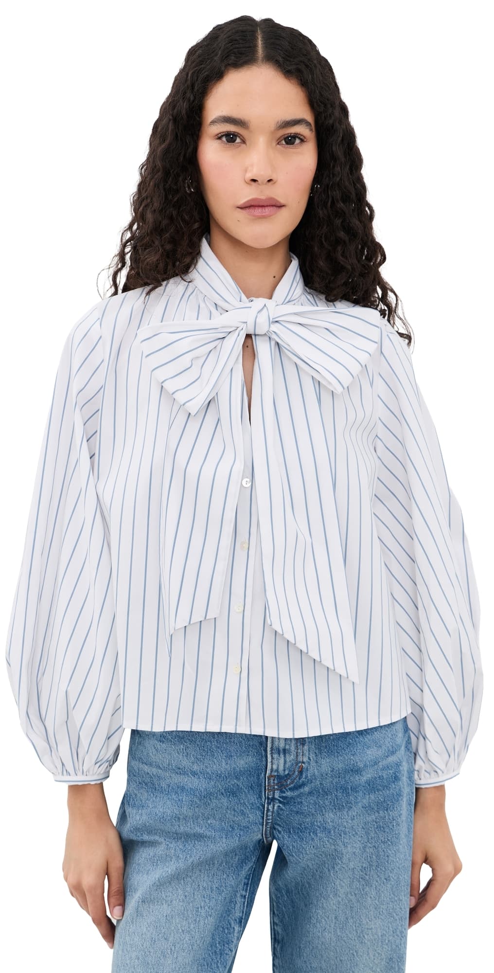 L'AGENCE Deon Tie Neck Blouse White/Thin Blue Mist Stripe