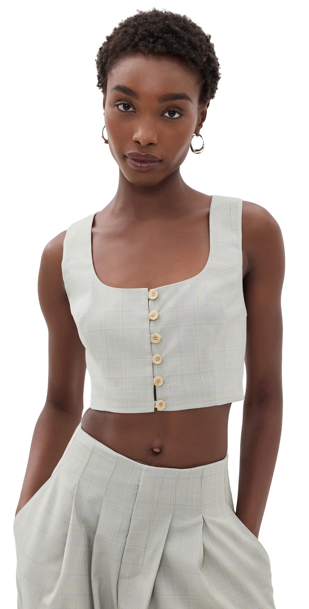 L'AGENCE Arwen Cropped Vest Ivory/Tan/Blue Plaid