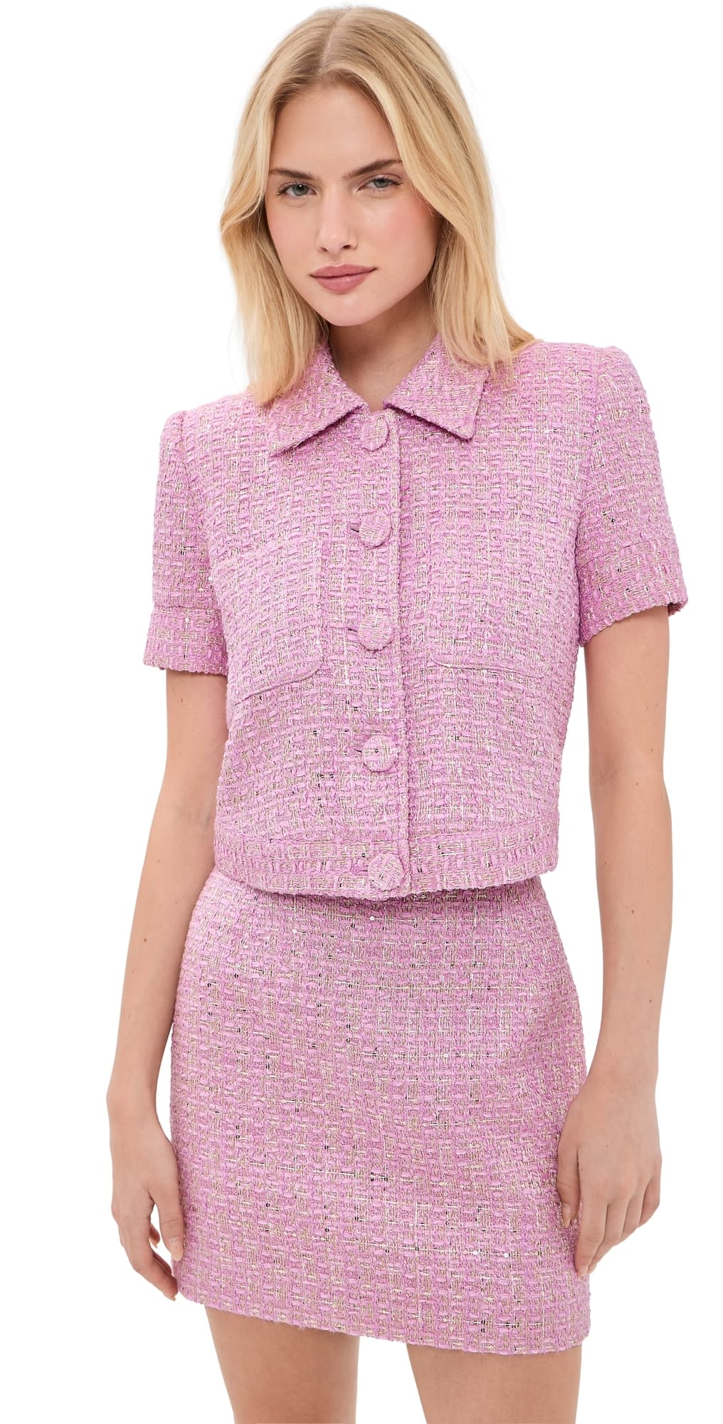 L'AGENCE Chita Cropped Short Sleeve Jacket Peony/Silver Metallic Tweed