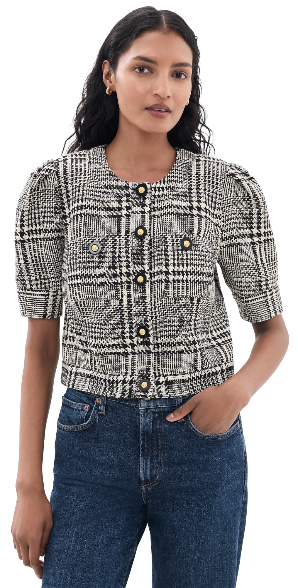 L'AGENCE Allegra Short Sleeve Cropped Jacket Blk/Wht Glen Plaid