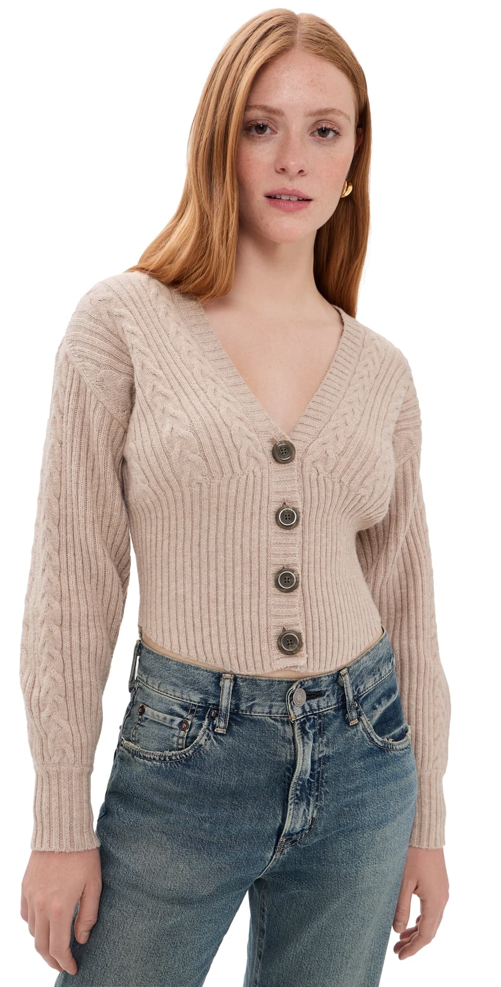 L'AGENCE Hail V Neck Cable Cardigan Light Cappuccino
