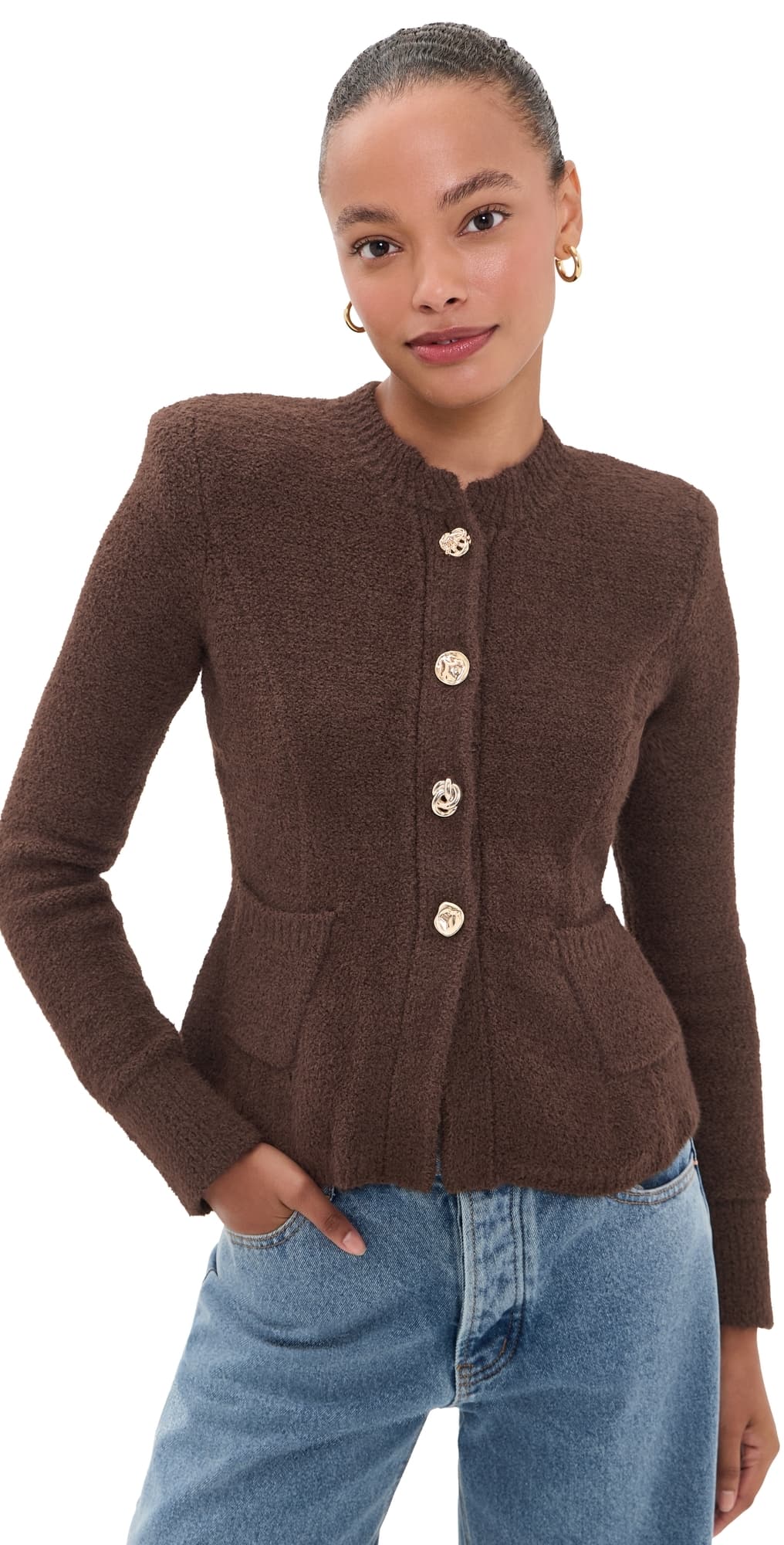 L'AGENCE Melissa Knit Flare Cardigan Dark Brown/Gold