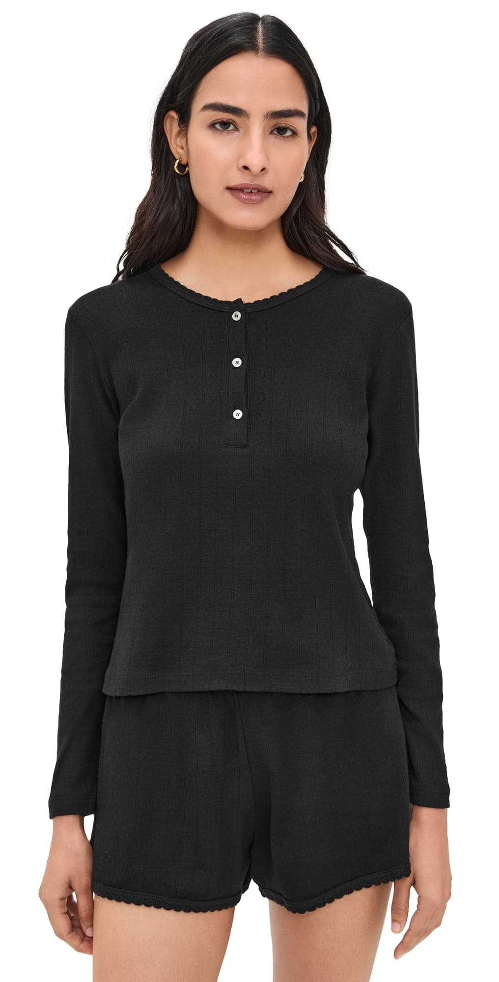 Leset Pointelle Long Sleeve Henley Black