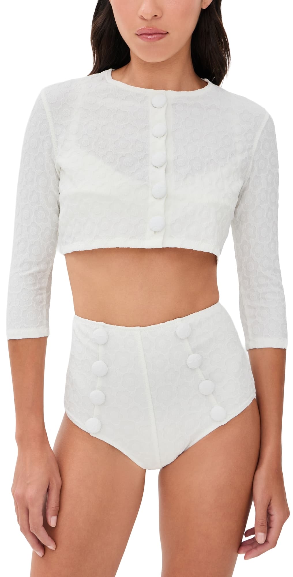 Lisa Marie Fernandez Cropped Cardigan White 60s Floral Jacquard