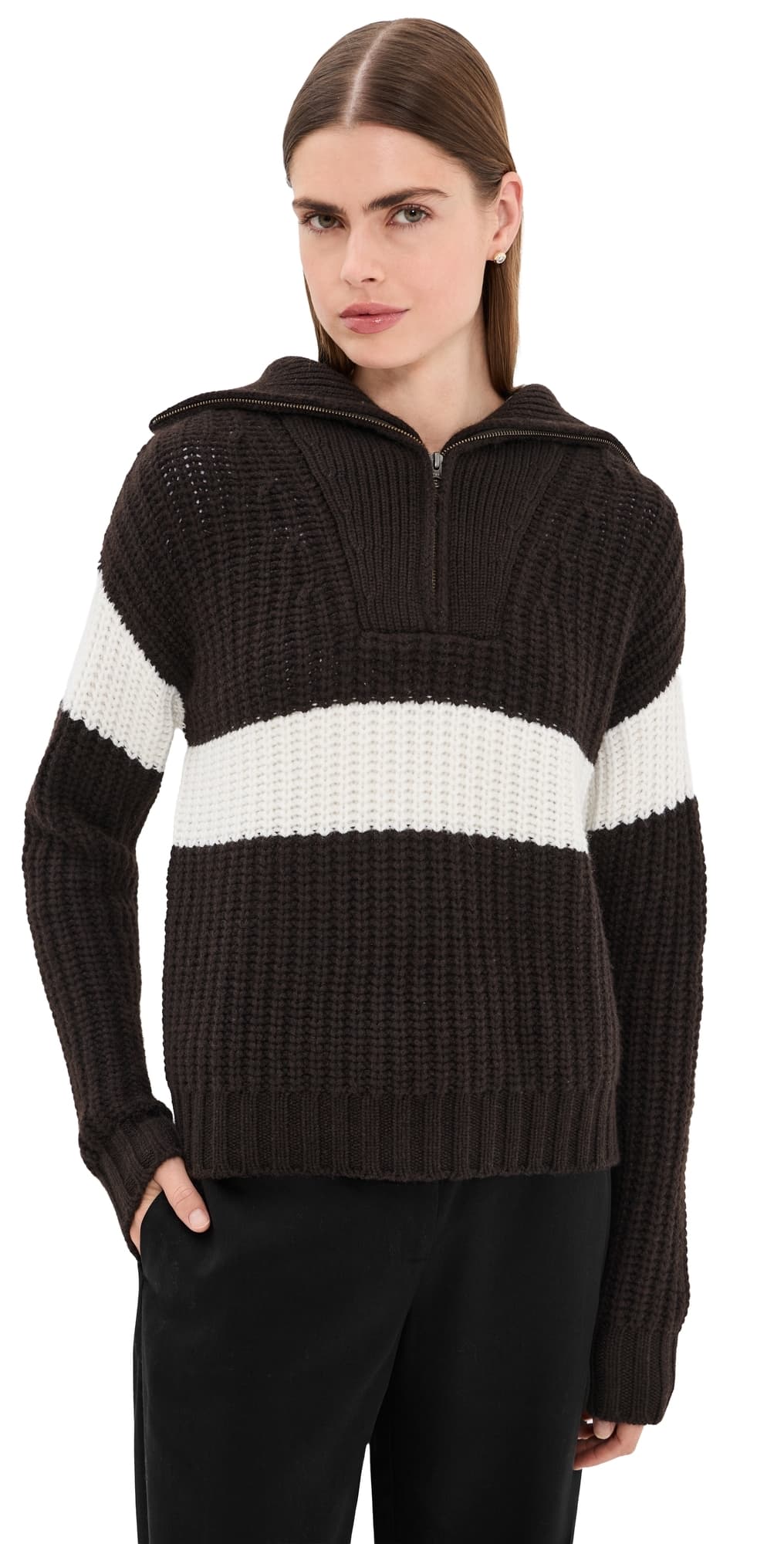 LISA YANG Mavis Quarter Zip Cashmere Sweater Dark Oak/Cream