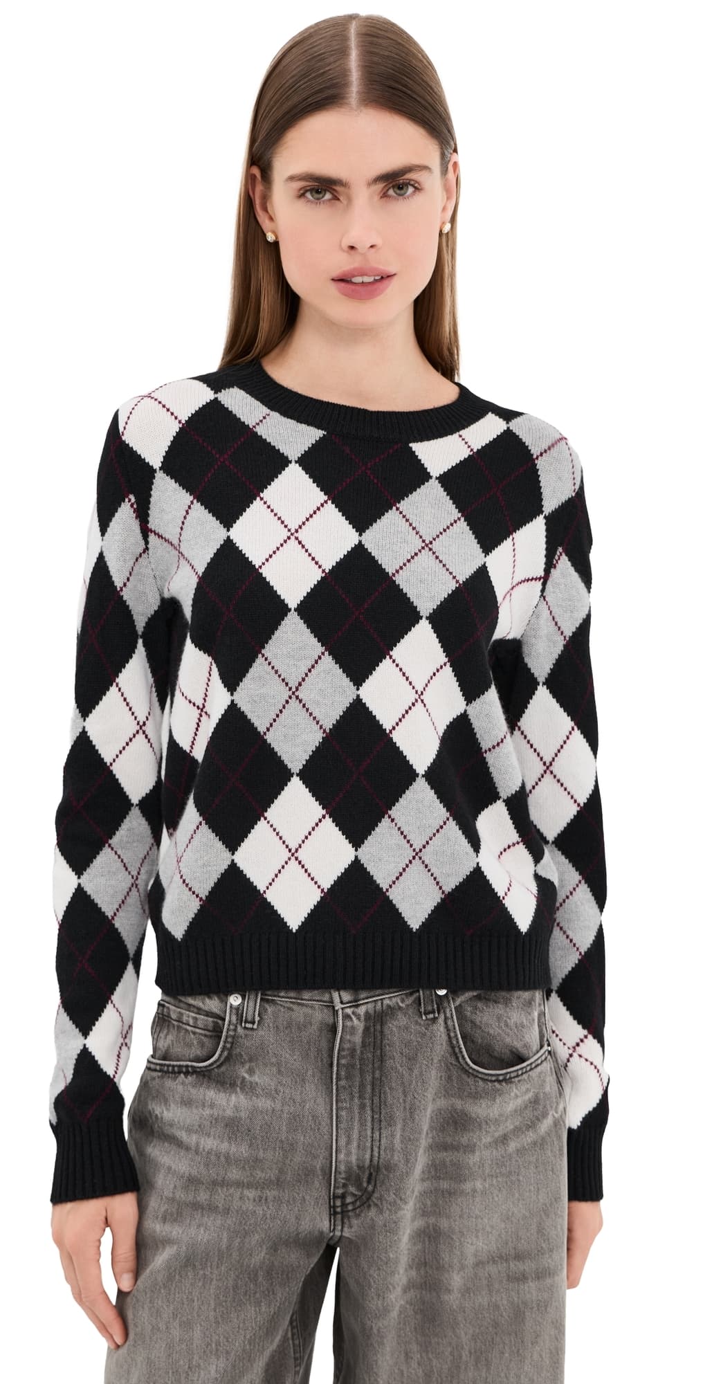 LISA YANG Antoni Cashmere Argyle Sweater Black/Cream/DoveGrey/DeepPlum