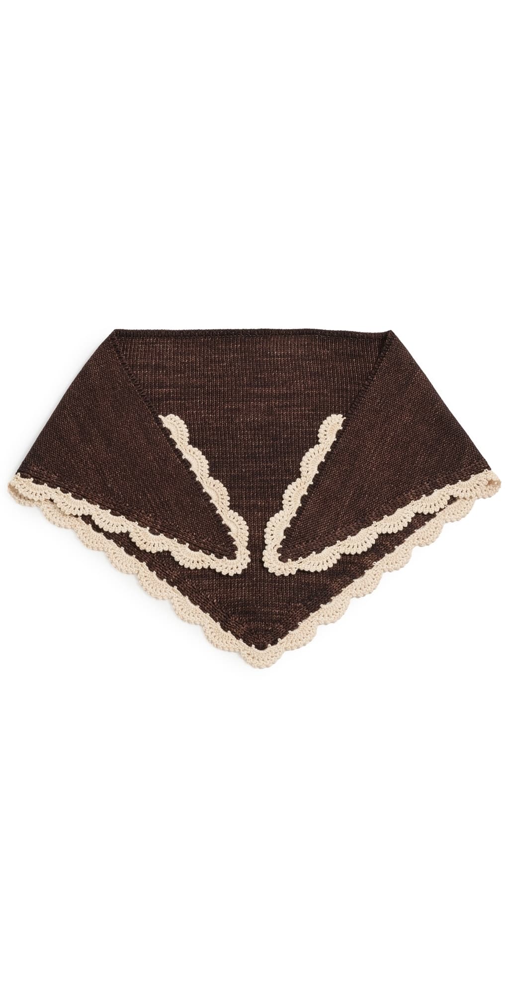 Loeffler Randall Monty Merino Wool Triangle Scarf Brown Knit w/ Cream Scallop Edges