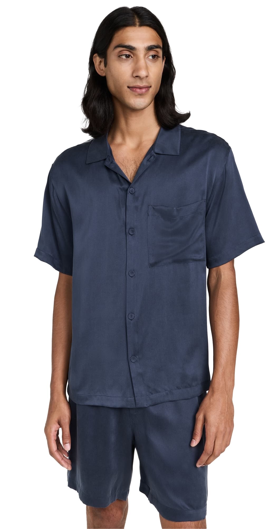 Lunya Washable Silk Button Up Short Pajama Set Deep Blue