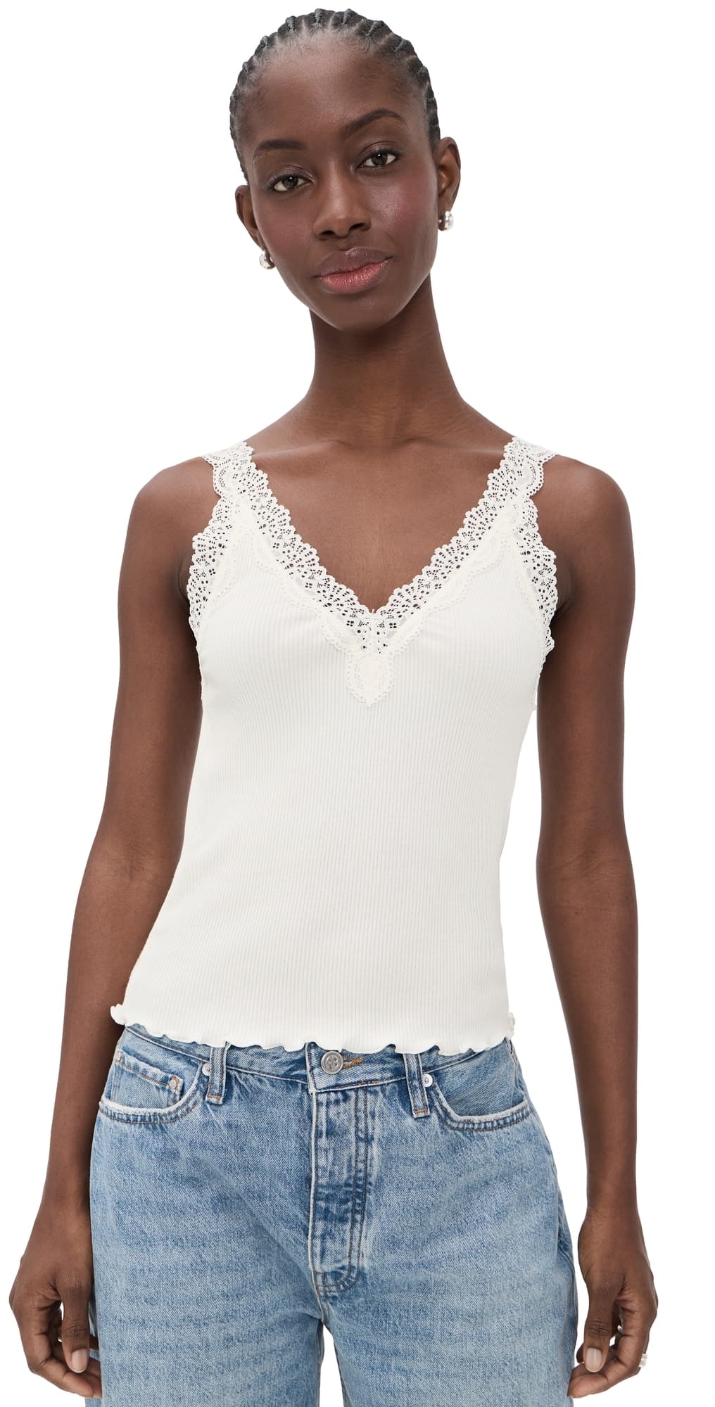 Madewell Lace-Trim Ribbed Tank Top Winter White w/ White
