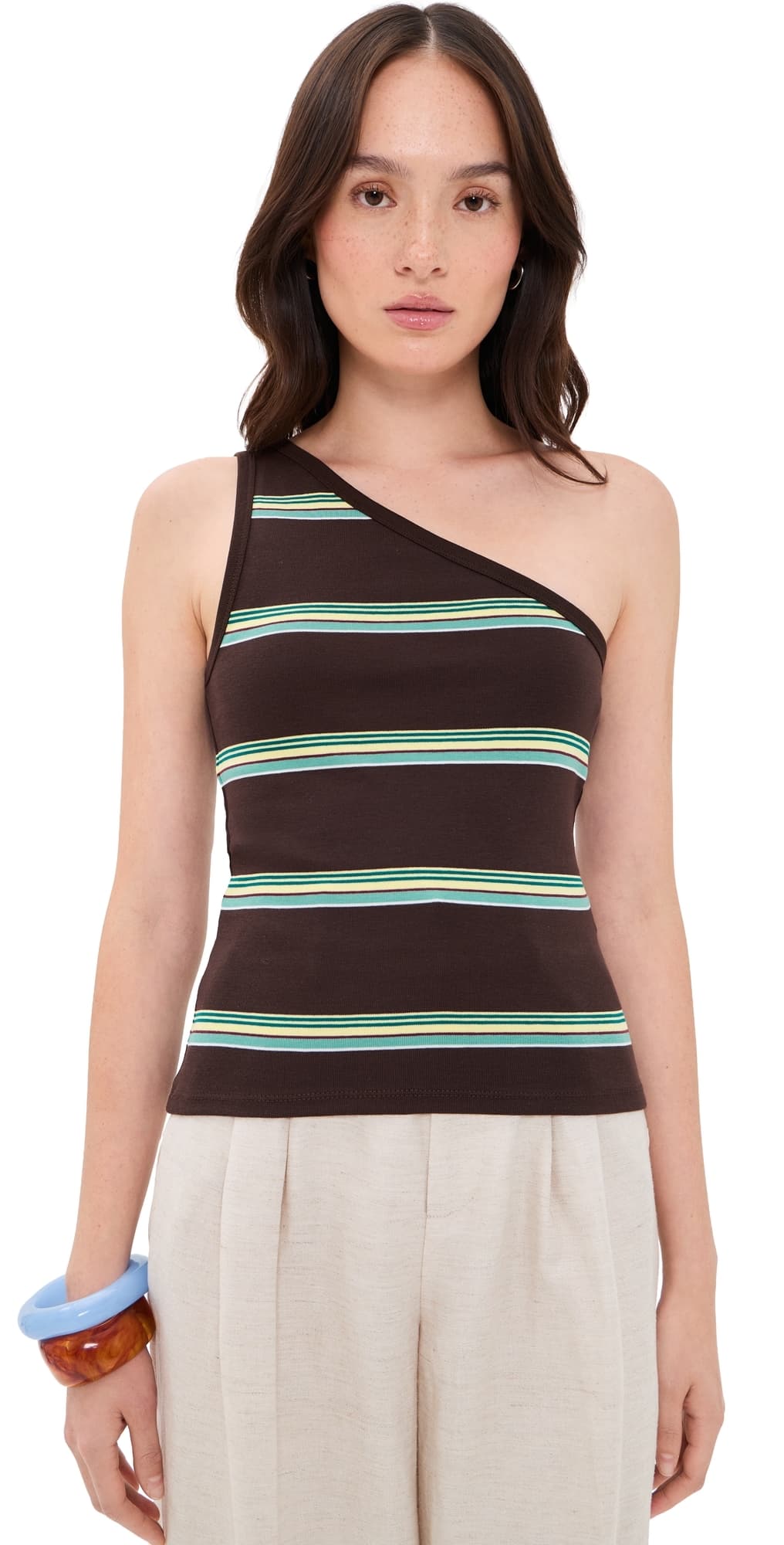 Madewell x Shopbop The '90s One-Shoulder Tank in Compact Cotton Retro Dark Brown Yellow Stripe