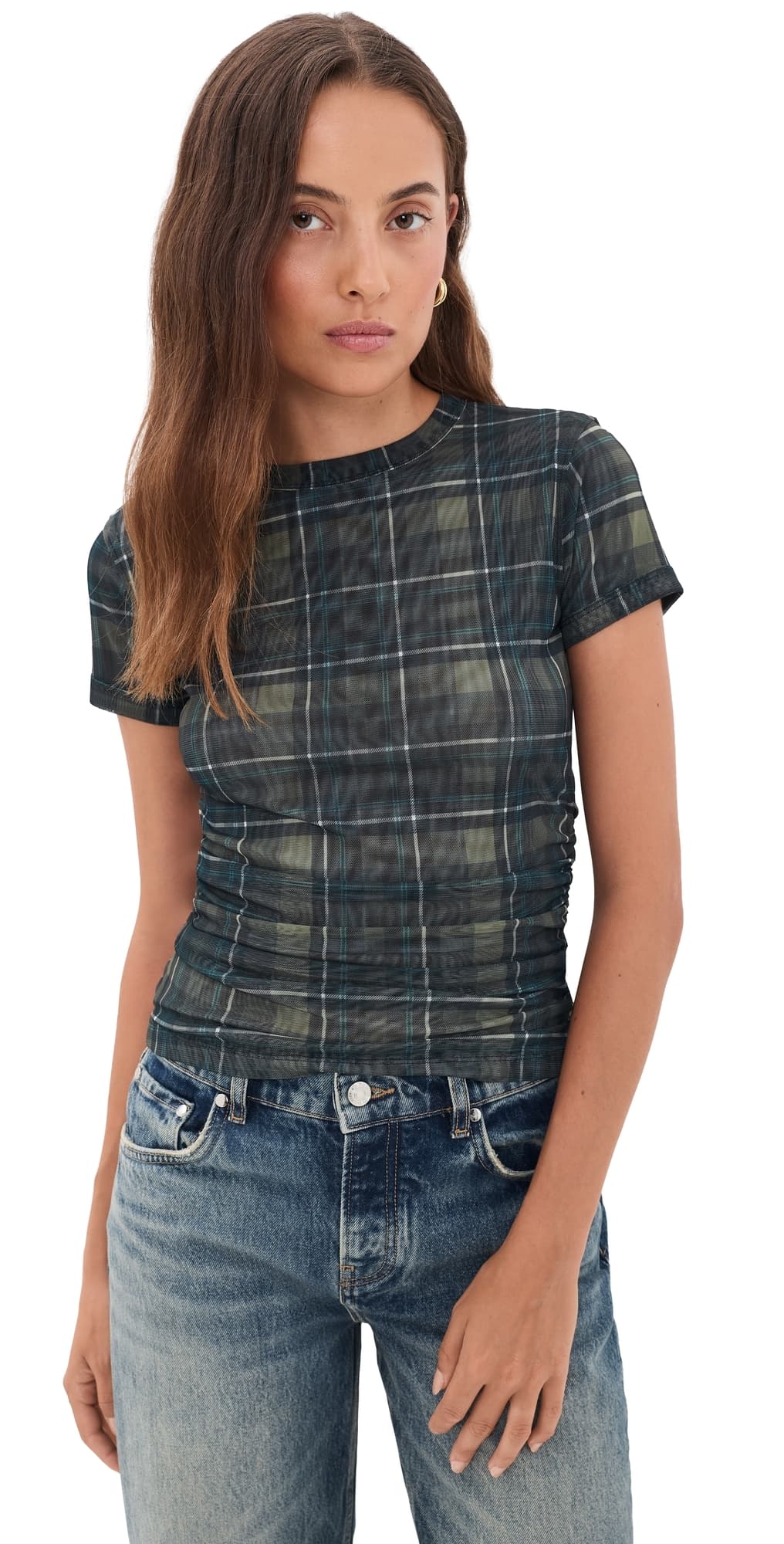Madewell Ruched Mesh Tee Green Plaid