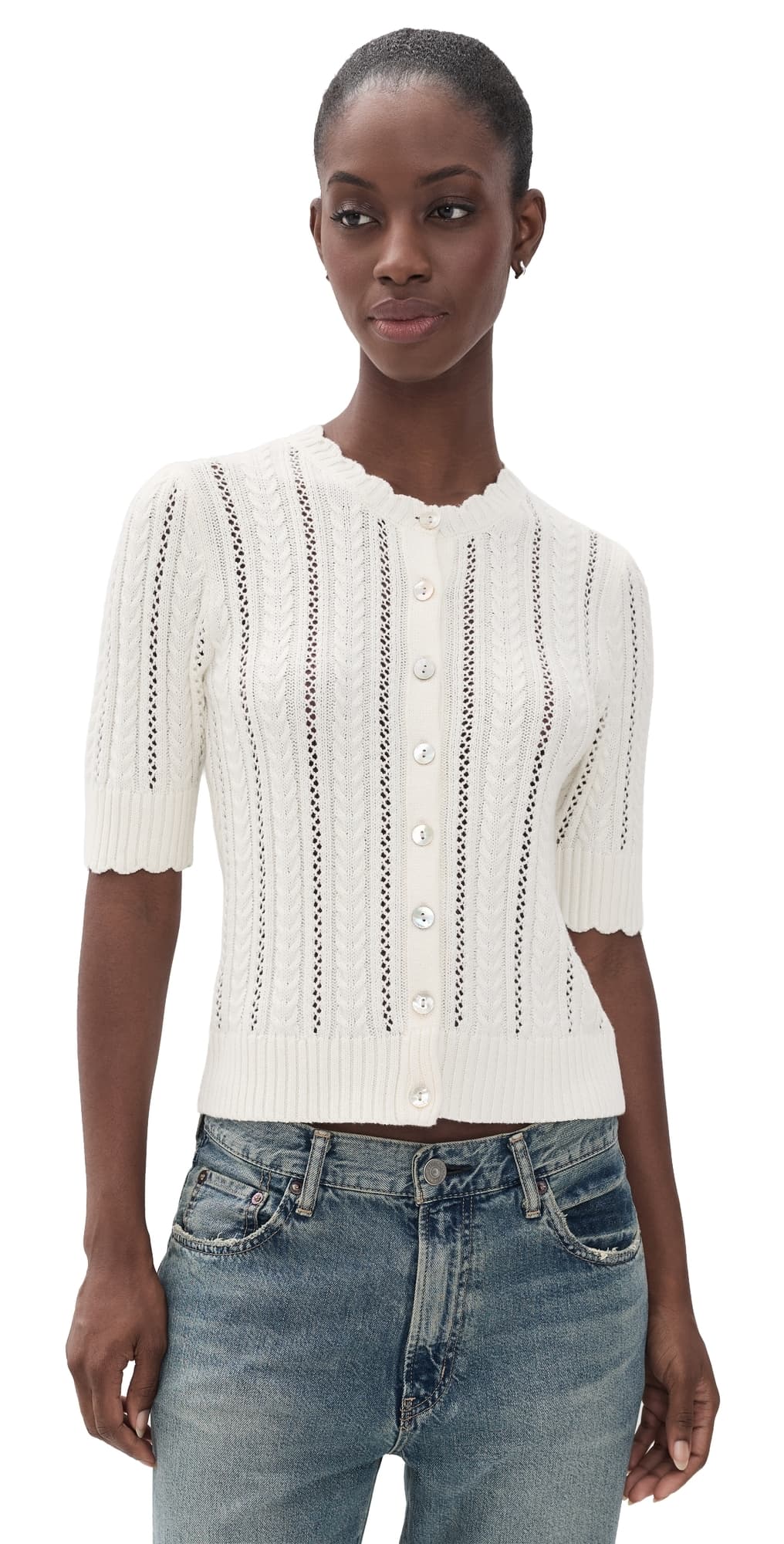 Marea Leah Pointelle Knit Cardigan Ivory