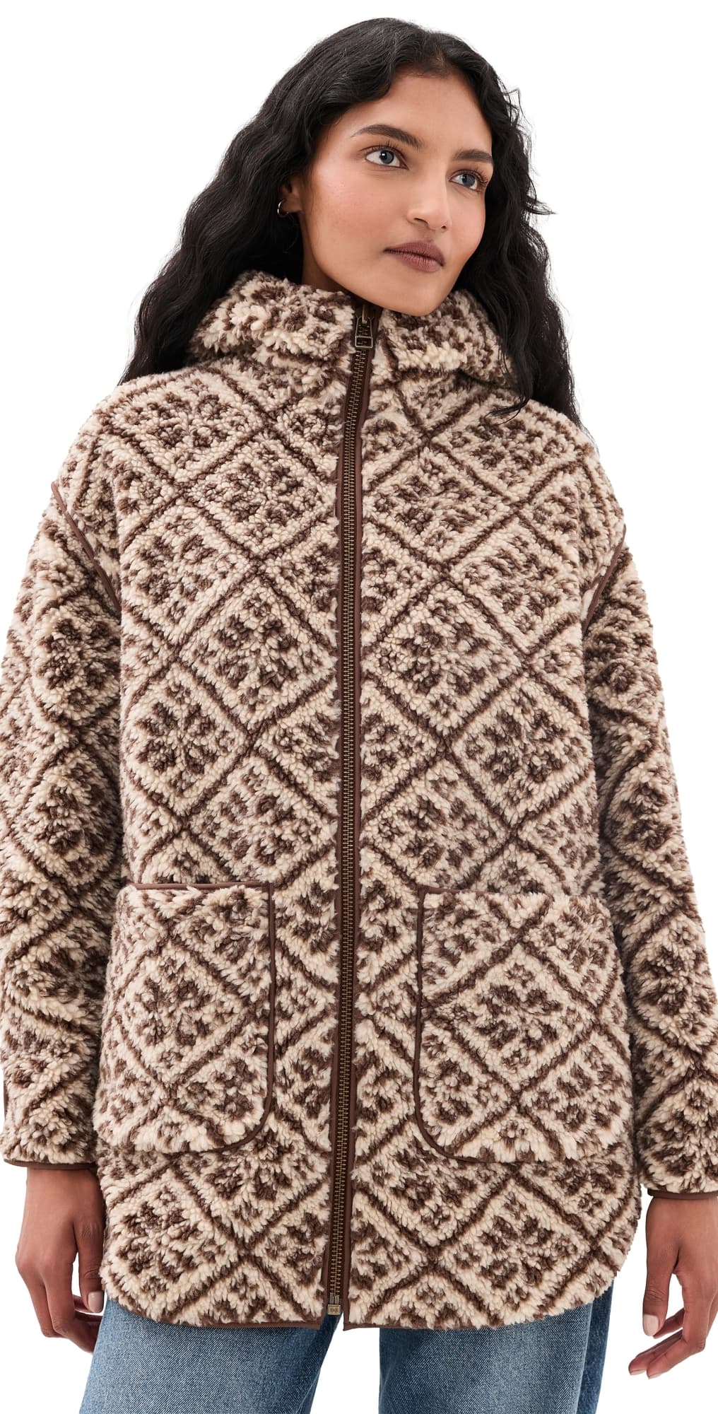Marea Hooded Sherpa Jacket Brown Jacquard