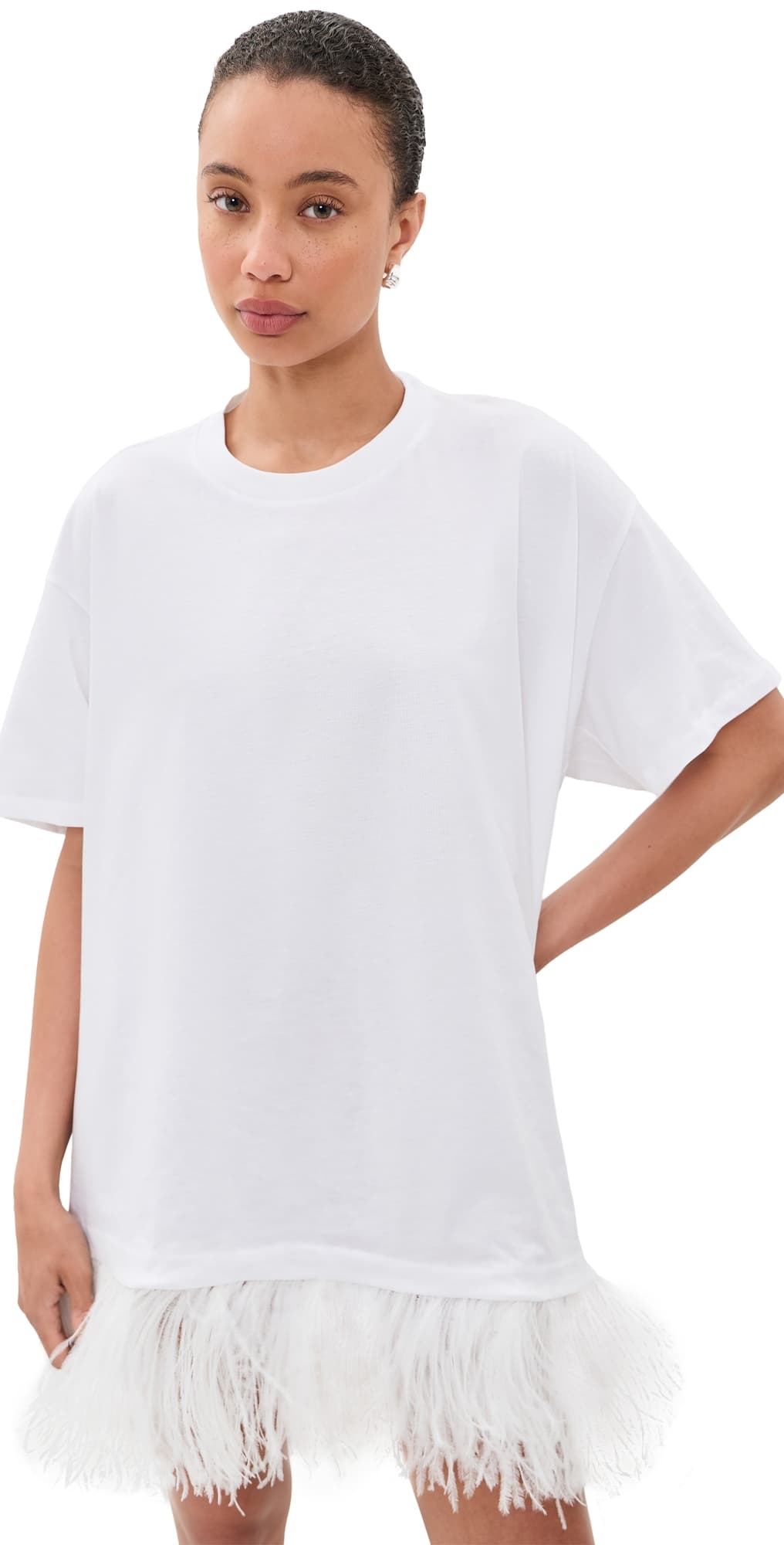 Marques'Almeida Ostrich Feather Hem T-Shirt Dress White