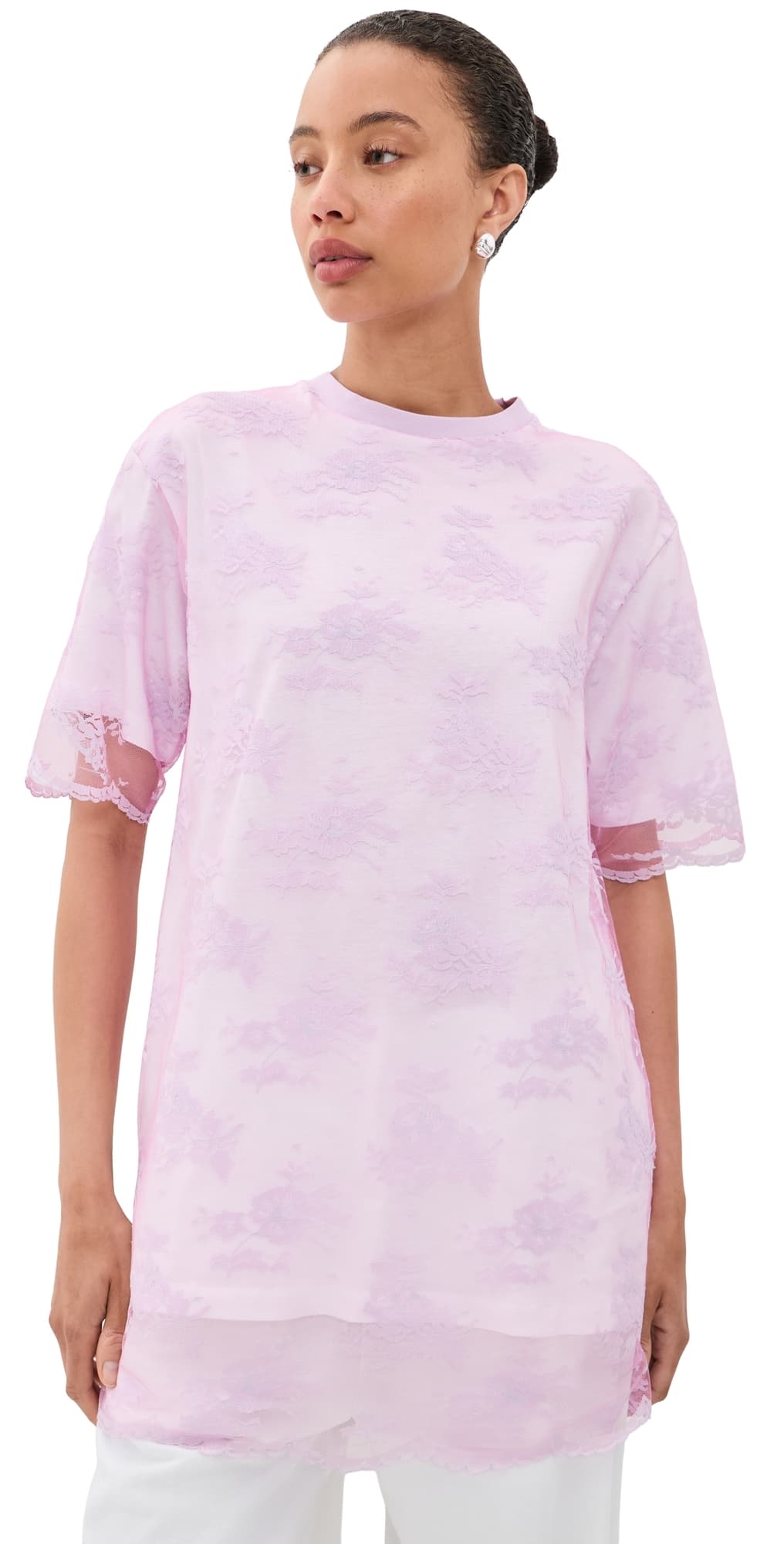 Marques'Almeida Relaxed Fit T-Shirt with Lace Overlayer Pink
