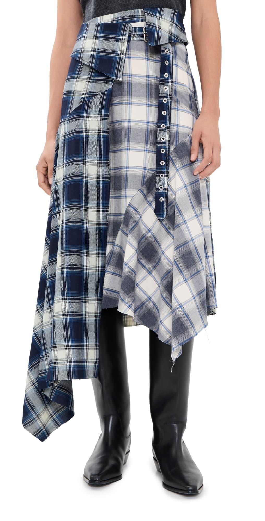 Marques'Almeida Plaid Wrap Skirt with Folded Belt Blue Plaid